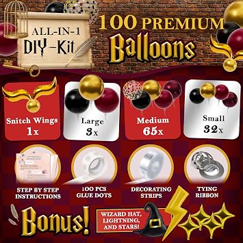 100 parça KOLAY DIY - Harry Potter Balonları Garland Kemer Kiti BONUS Snitch ile - Harry Potter Doğum Günü Partisi Süslemeleri ve Bebek Partisi için Malzemeler, Seçilmiş Bir, Büyücü Bordo Siyah