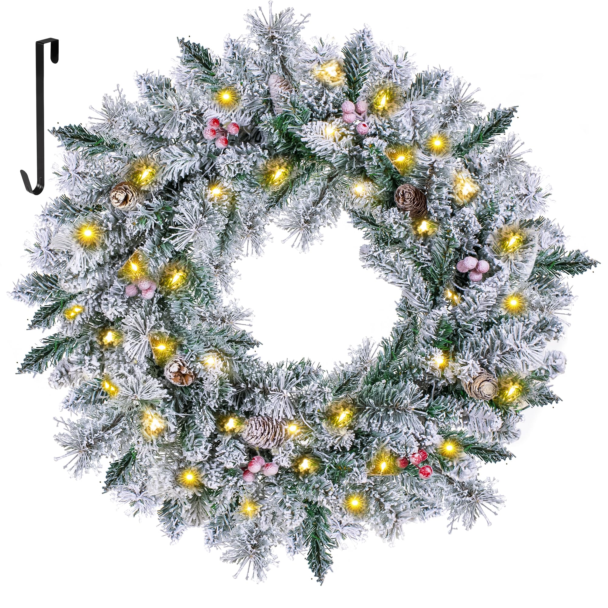 BRINJOY 24 INCH Christmas Wreath, Artificial Pre-Lit X-mas Wreath with Lights, Battery Operated Wreaths with Pine Cones & Red Berries for Front Door