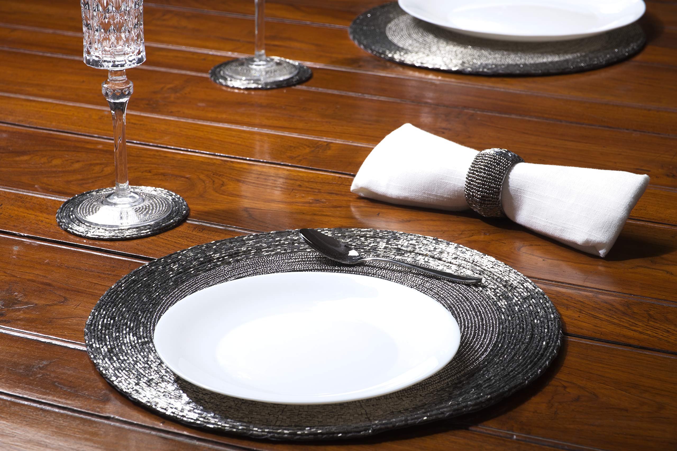 Penguin Home Ensemble de sous-Verres, Ronds de Serviette et Sets Table Ronds Perles Verre 18 Pièces, Argent Antique