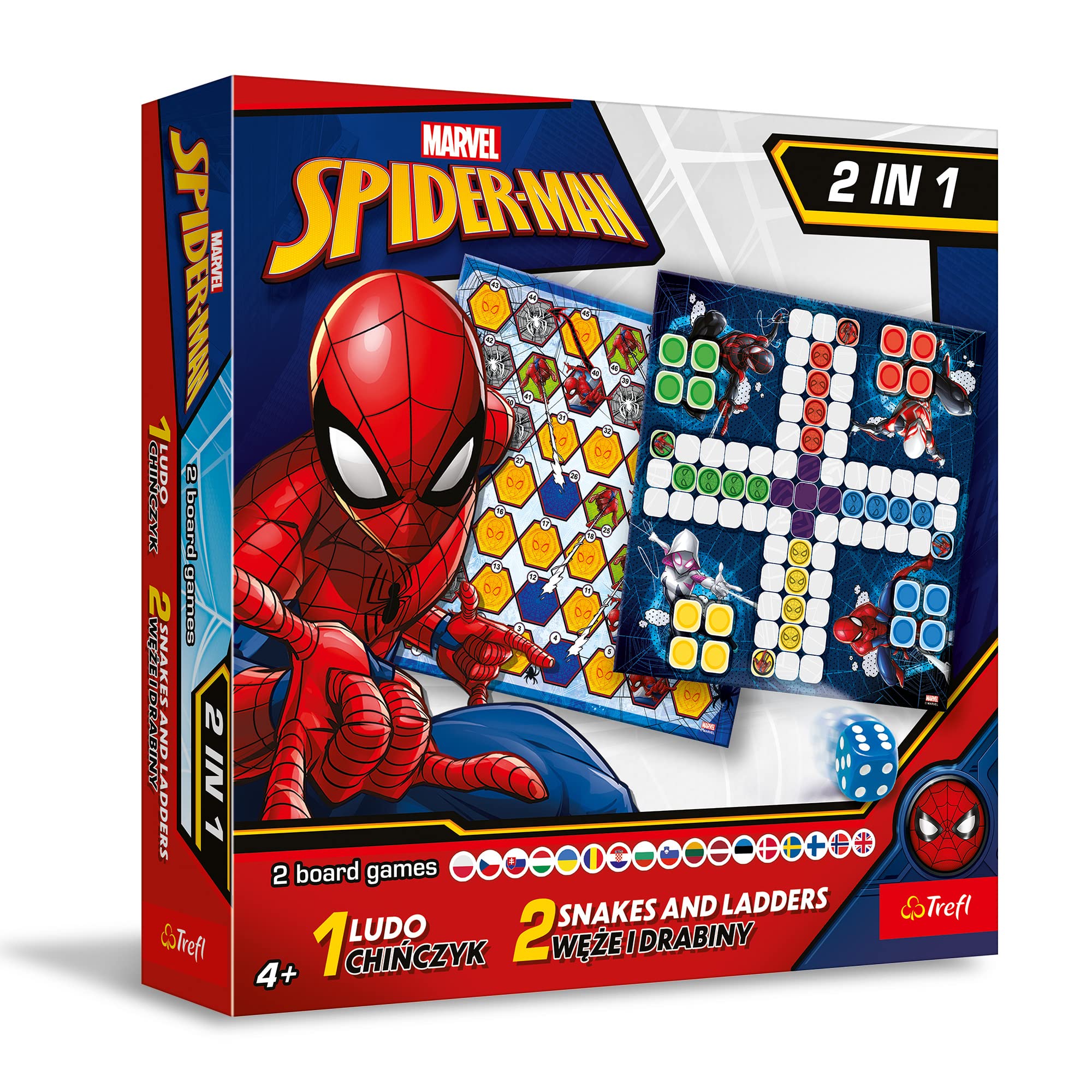 Trefl - Chińczyk, Węże i Drabiny: Spider-Man - Gra 2w1, Rodzinna Gra Planszowa z Superbohaterem Marvela, Dwustronna Plansza, Proste Zasady, Klasyczna Gra Dla Dorosłych i Dzieci od 4 lat