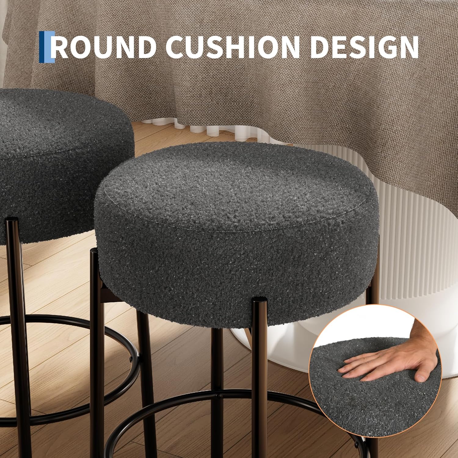 Set of 2 Round 24" Backless Bar Stools, Sherpa Upholstered Counter Height Chairs with Footrest, for Kitchen Island Home Bar Café -Black