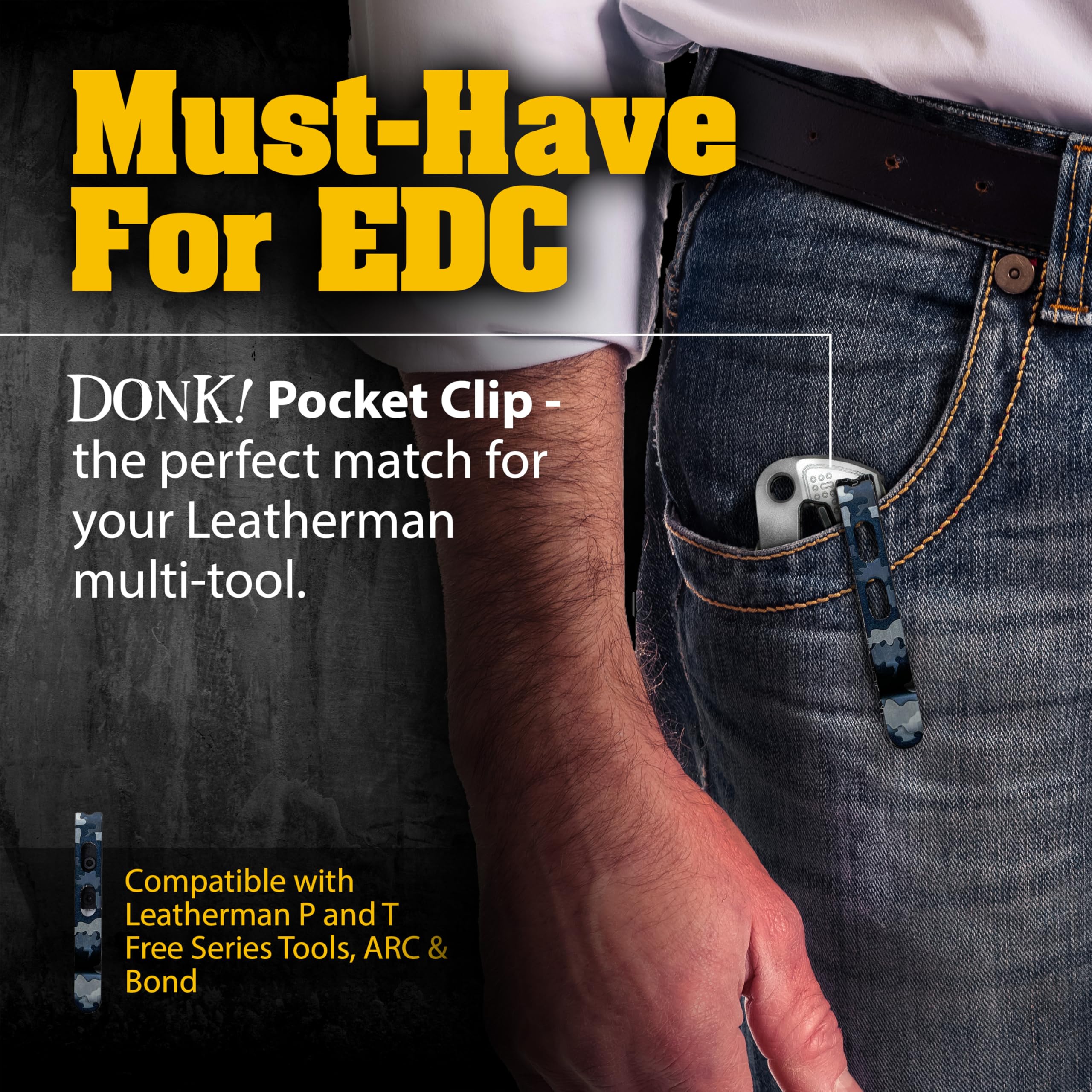 Donk! Pocket Clip for all Leatherman Free Series Multitools | P2, P4, T2, T4, K2, K4 | Titanium TC4 - Black | Titanium Screws | 5 Custom Designs (Camo Dark)