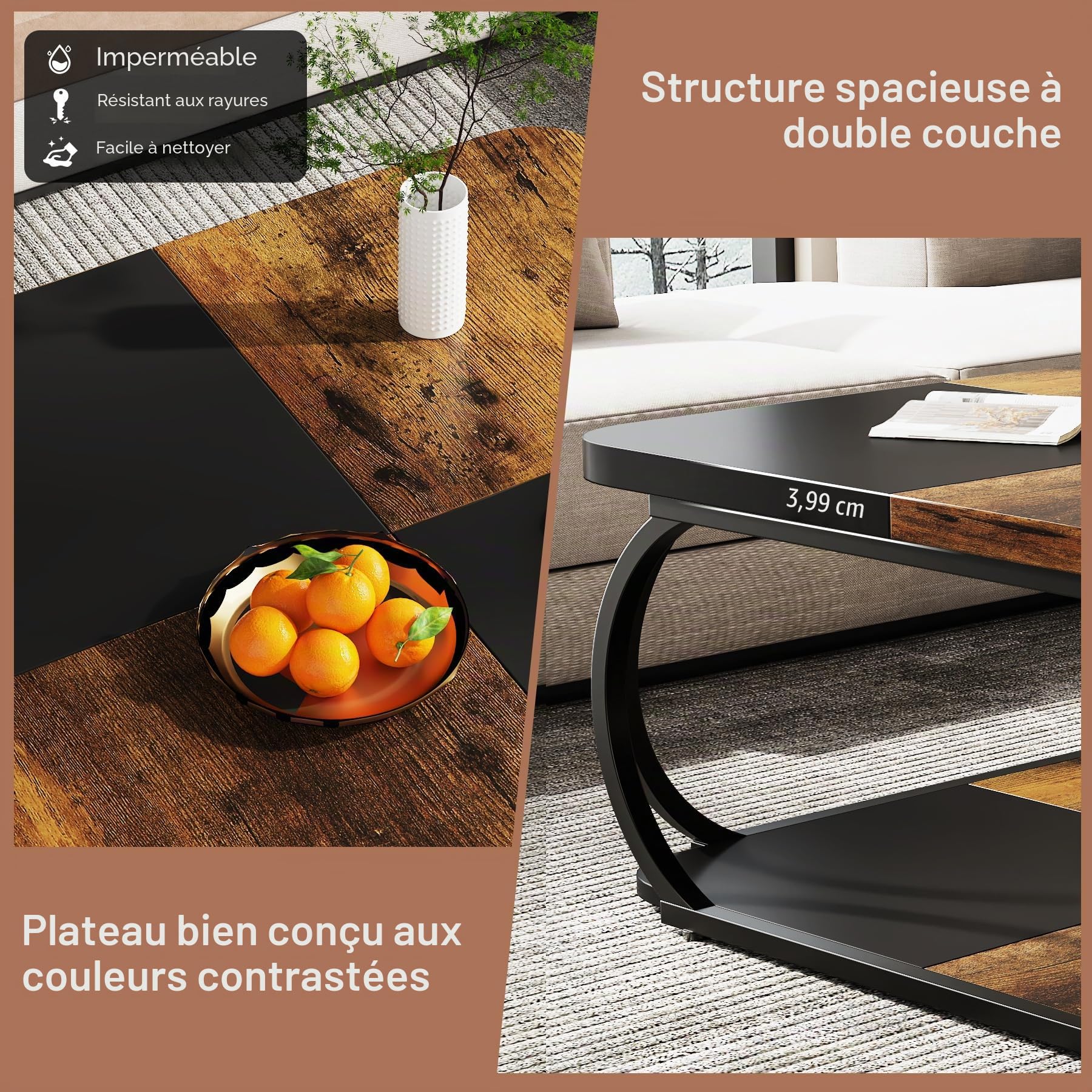 Tribesigns Table Basse Carrée pour Salon, 100 x 100 x 50 cm, Table de Salon Bois, Industriel Table Basse pour Salon, Marron Rustique & Noir