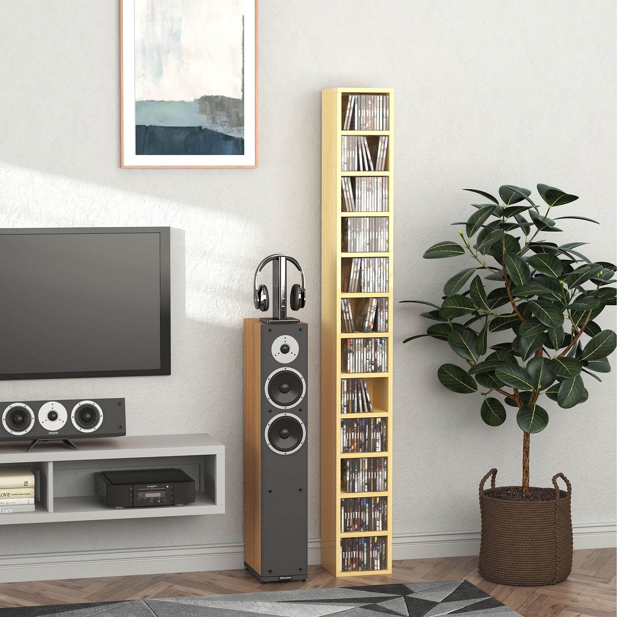HOMCOM Rangements pour CD et DVD, étagère Colonne de Rangement, Meuble de Rangement avec 12 Compartiments, capacité Max. 204 CD, 21 x 20 x 175 cm, Bois Naturel