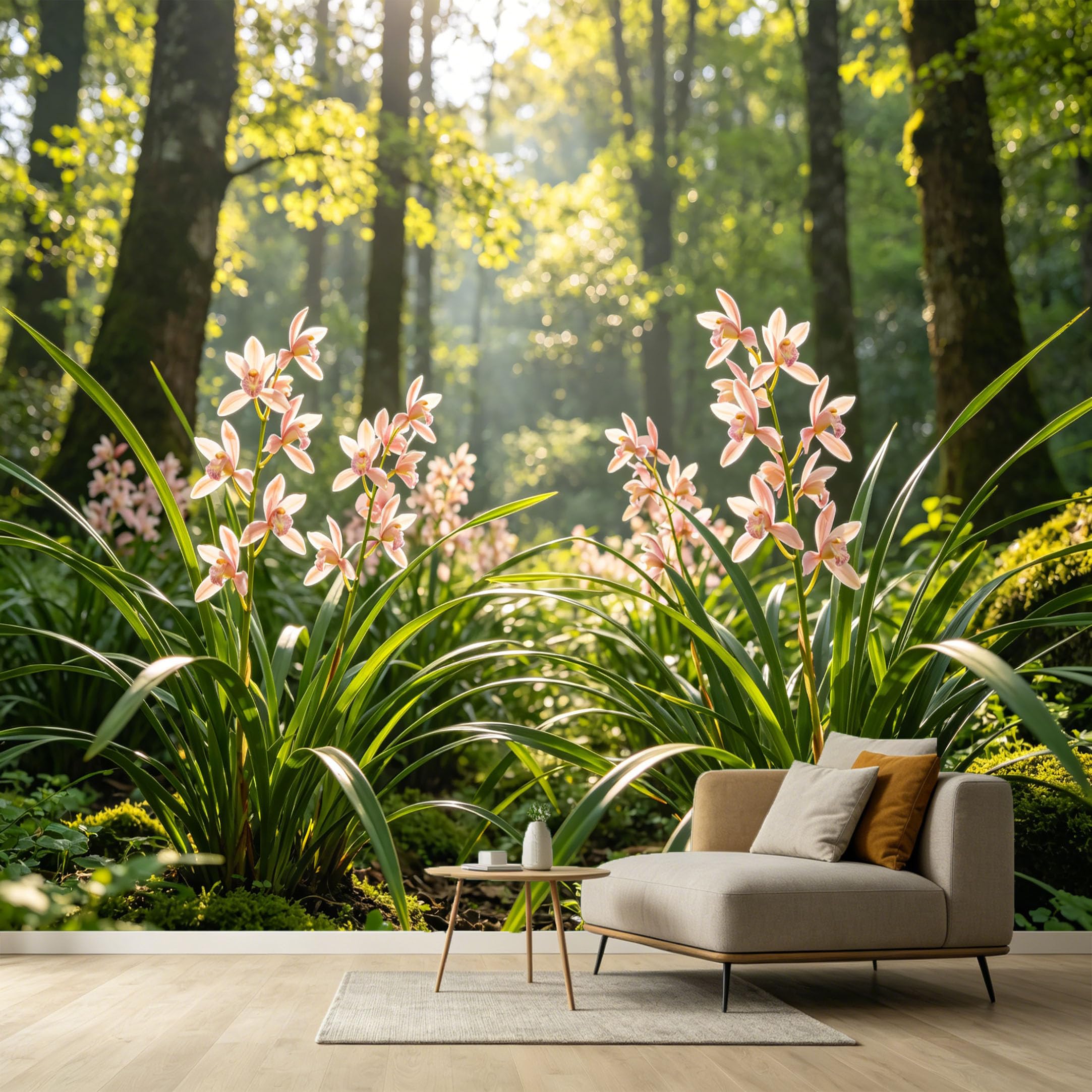 Custom Size Wall Murals Botanical Forest Sunlight Orchid Flowers Watercolor SelfAdhesive Wall Fabric Removable Large Wallpaper for Photo Living Room Interior Decor Wall Art