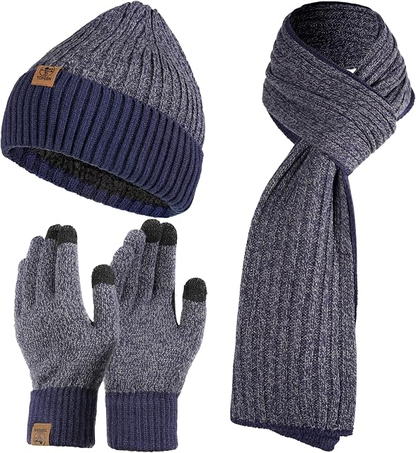 Tofern Winter Beanie Hat Scarf Touch Screen Gloves Set 3 Pieces Soft Warm Knitted Beanie Cap Neck Warmer Gloves Fleece Lined for Men and Women Outdoor Sports
