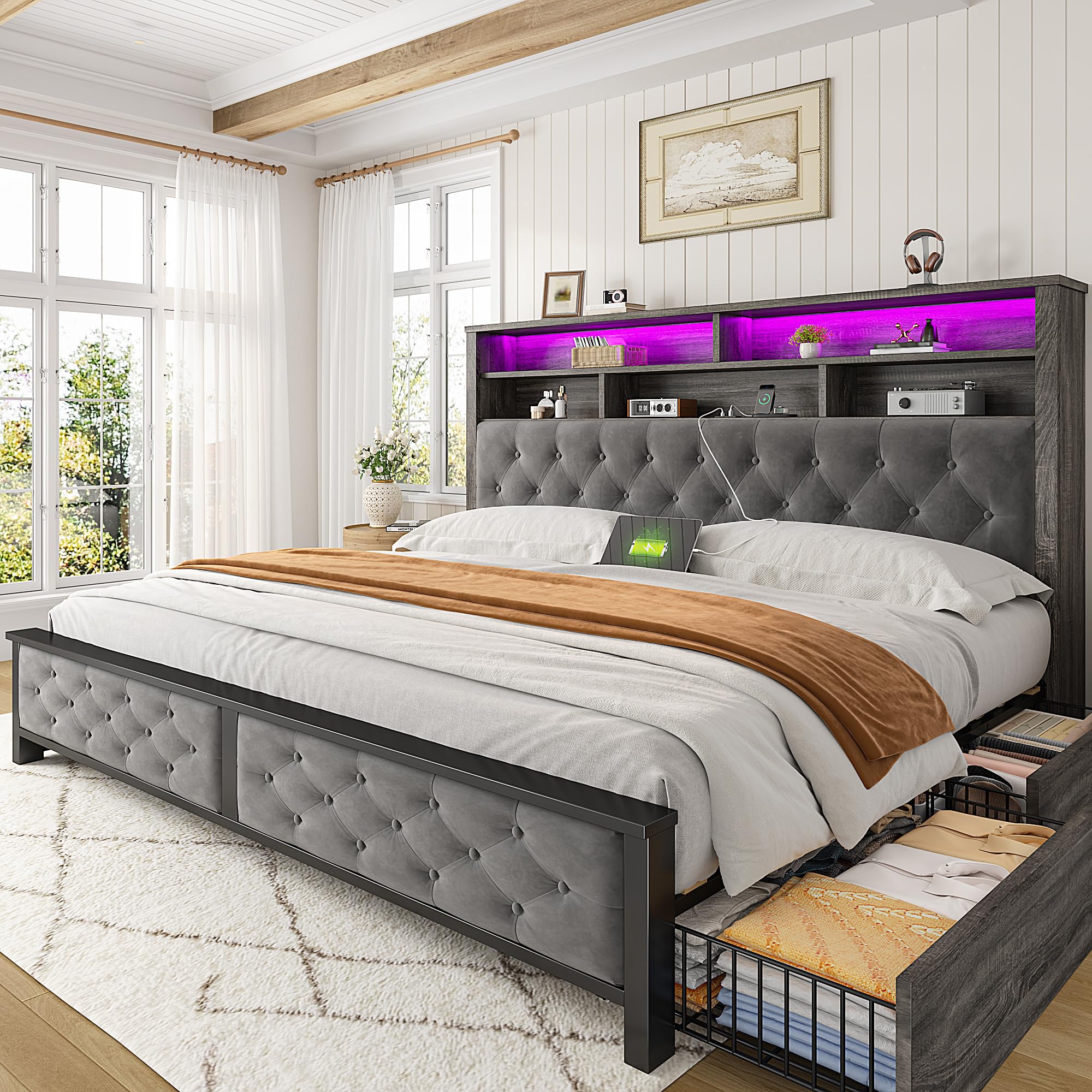 EnHomee King Size Bed Frame with 4 Drawers and Upholstered Storage Headboard,Wooden King Bed Frame with Charging Station and LED Lights,NO Noise,No