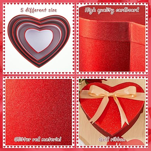 Miniatura 3 de Fulmoon 10 cajas de regalo con purpurina para el día de la madre, juego de 5 tamaños surtidos, cajas apilables de corazón con purpurina roja con
