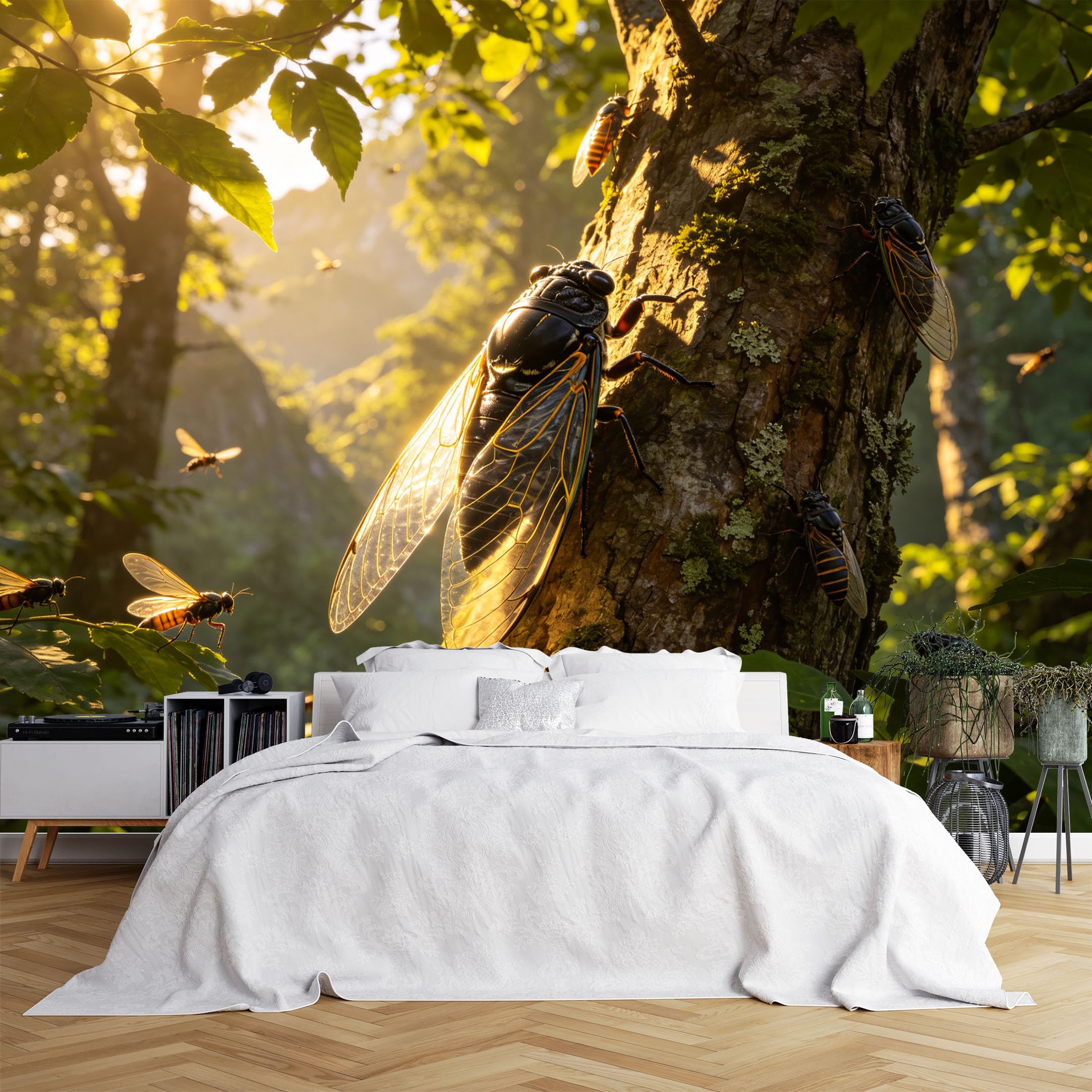 Lcythiazole Ch260615134 Custom Size Wall Murals Cicada Tree Sunbeam Mountain Forest View Wall Murals Realistic Wildlife Wallpaper Wall Covering Fabric Self-Adhesive Removable Wallpaper