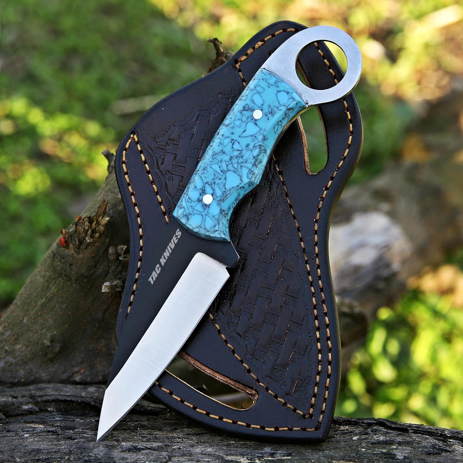 TAC KNIVES 8'' Full Tang Fixed Blade Outdoor Camping Hunting Knife In Sheath Gift For Him 1095 High Carbon Steel SKINNER Knife Gift Cowboy knives Pancake leather sheath (RESIN)