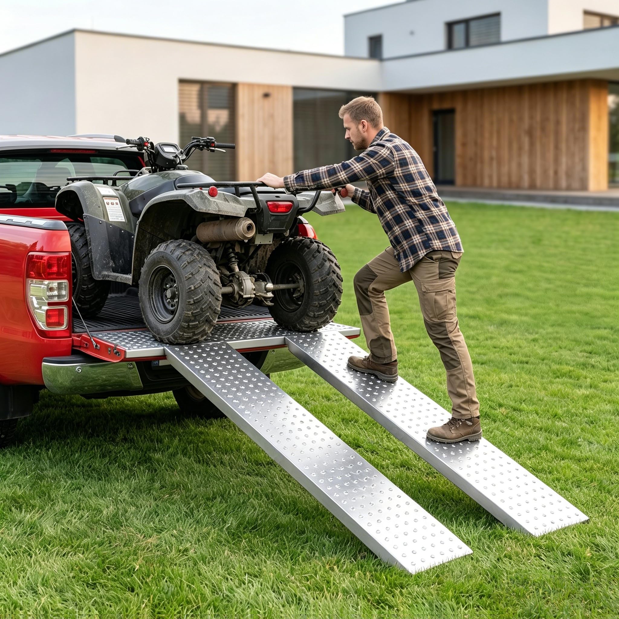 Faltbare Auffahrrampe 2er Set, robuste Verladerampe mit 400 kg Gesamt-Traglast, rutschfeste Auffahrschiene 1.5cm Dicke für Motorrad Anhänger PKW, 1348x218x44.8mm Silber