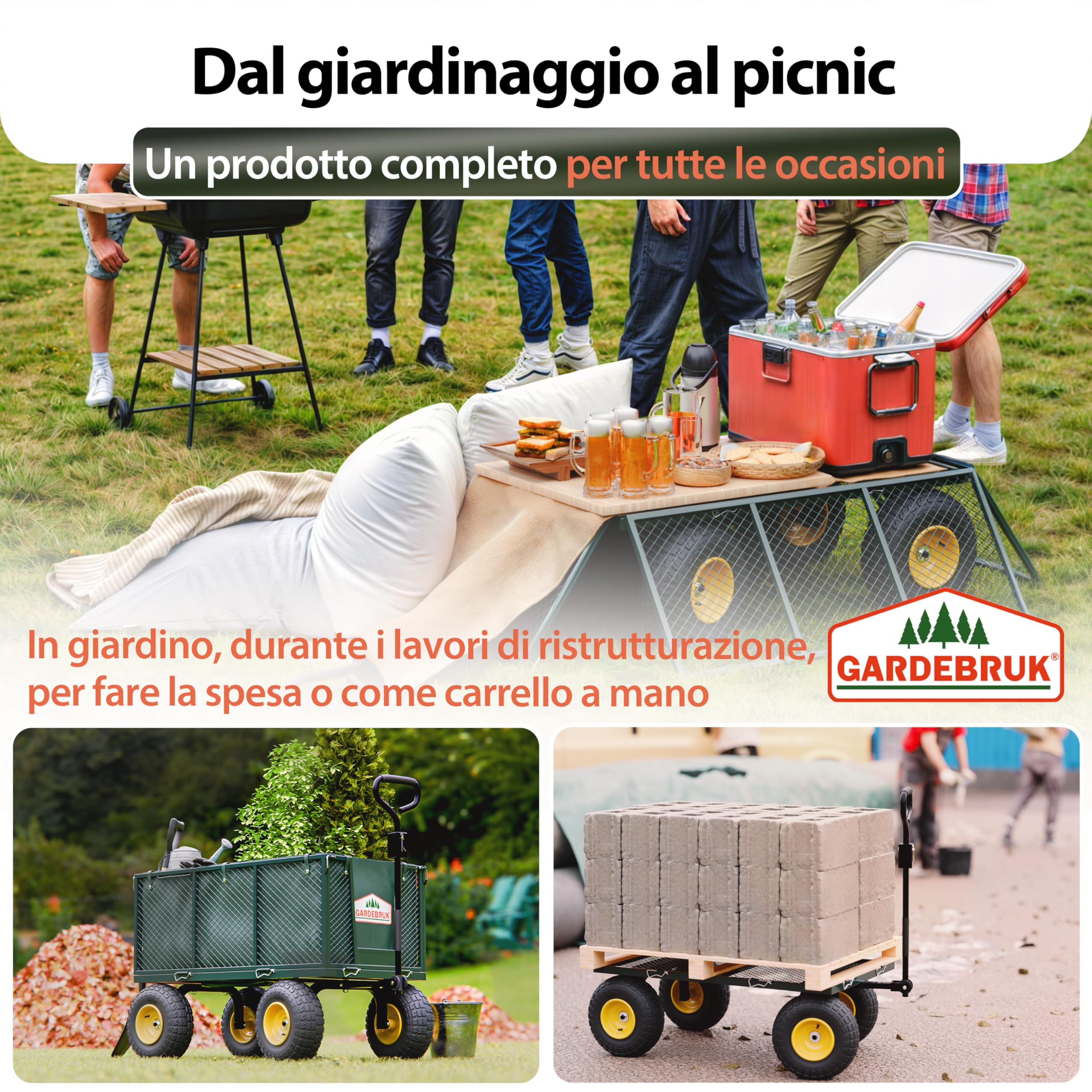 GARDEBRUK® Carrello Portatutto con Ruote 550 kg Rimorchio Carretto Grande da Giardino con Borsone in Tela Rimovibile