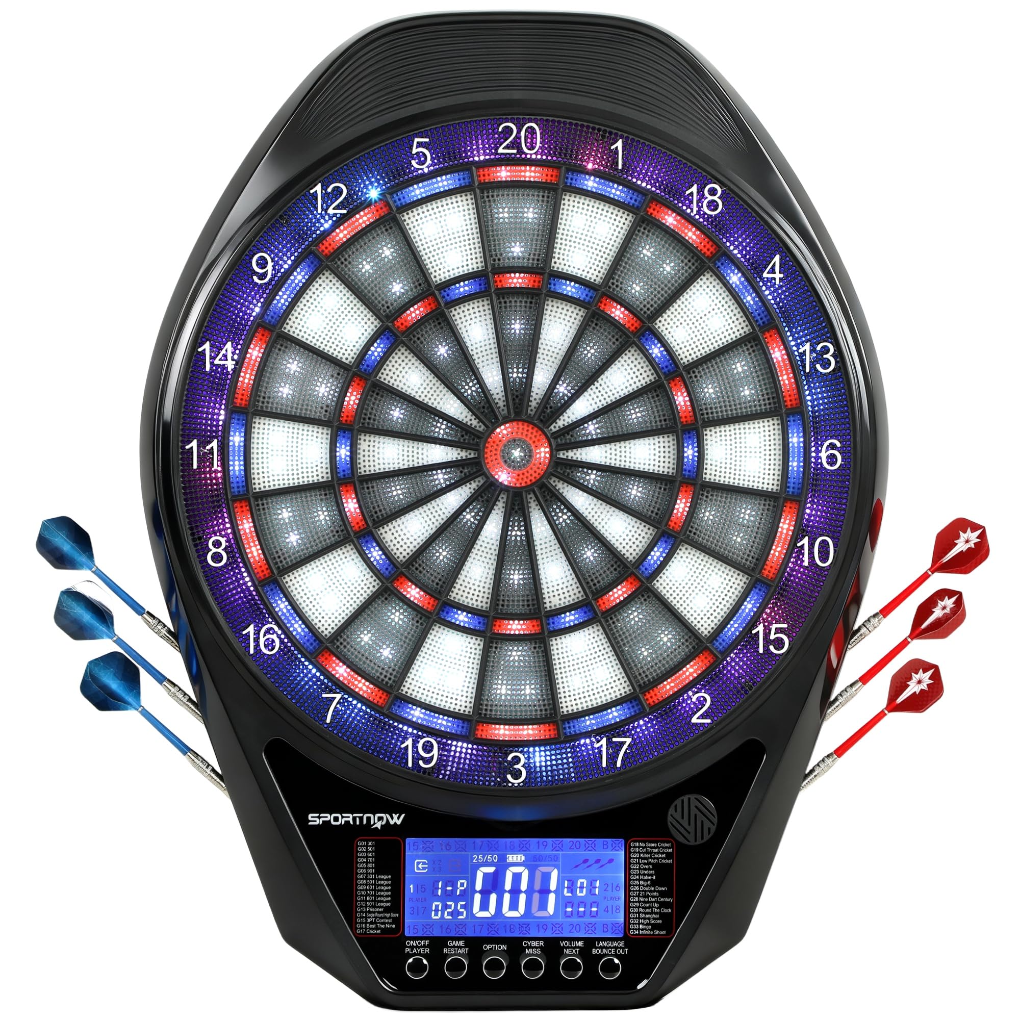 SPORTNOW Cible de Fléchettes Électronique avec écran LED XXL Lumineux Rechargeable, Jeu de Fléchettes Électronique pour 8 Joueurs, 6 projectiles, 24 Pointes, 34 Jeux, 2235 Variantes