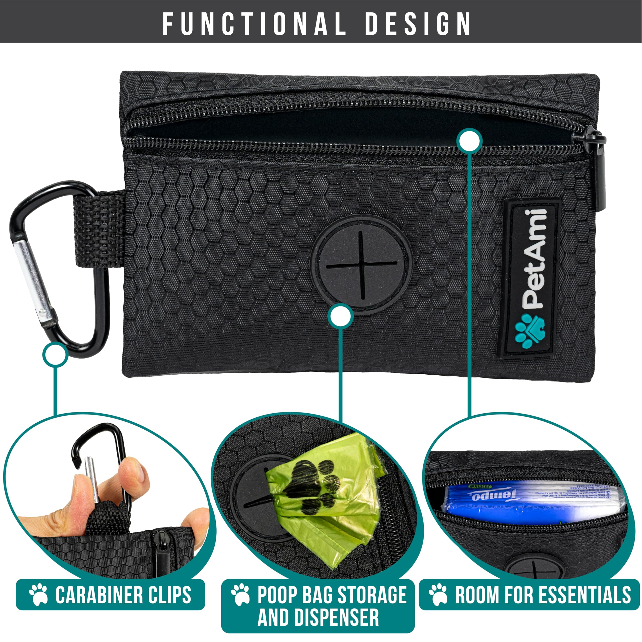 PetAmi Soporte para bolsas de excremento de perro para correa, dispensador de bolsas de basura para perros con clip para cachorros, accesorios para caminar, viajes, camping, bolsa de golosinas para