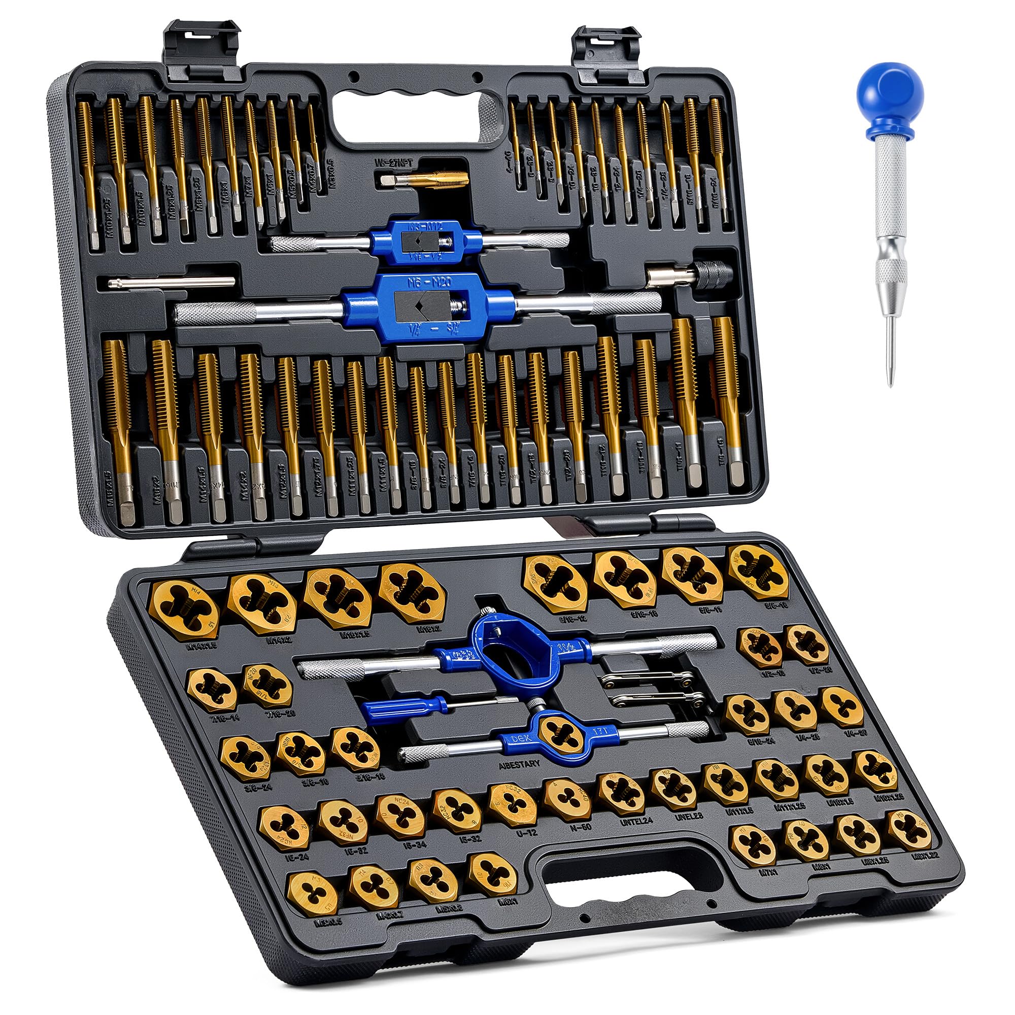 86pc Tap and Die Set in SAE and Metric | Titanium Coated Steel Tap Set and Die Tool Set for Homeowners Mechanics and Craftsmen Metric and Standard Internal and External Threading,