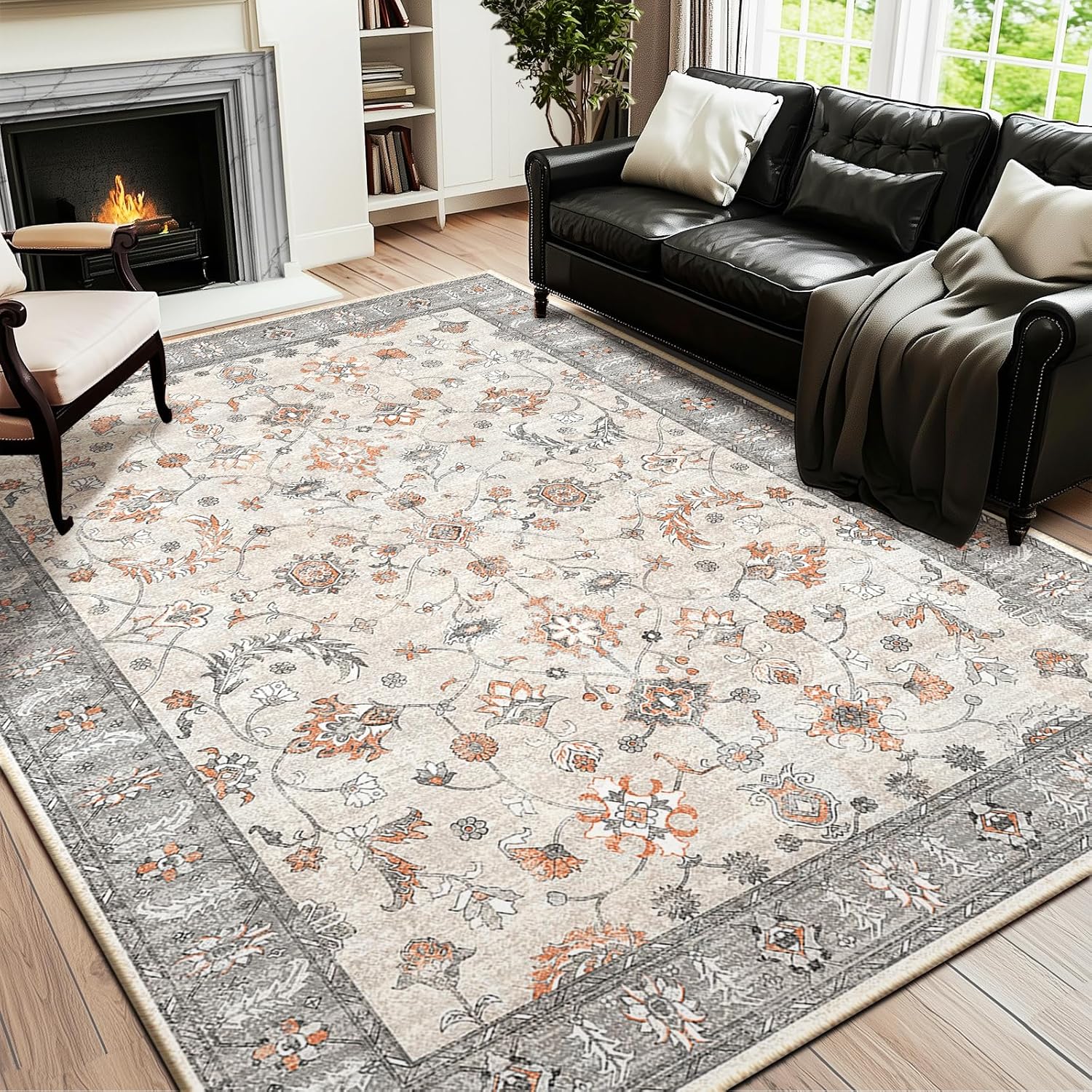8x10 Area Rug Print Washable for Living Room Low Pile Non Slip Soft Thin Carpet Boho Vintage Floral Rug Stain Resistant for Bedroom Dining Room Kitchen Playroom Greyorange Grey/Orange 8x10