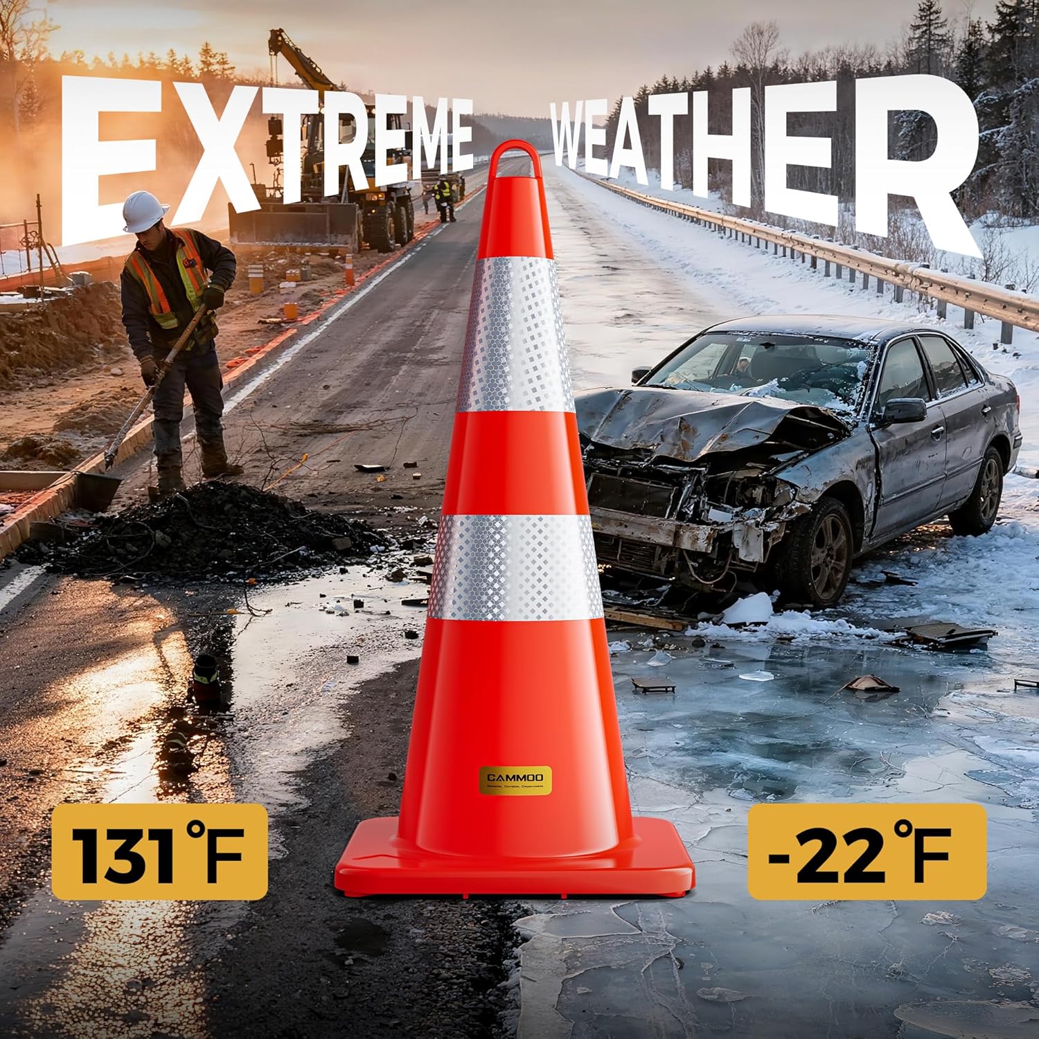 CAMMOO 6 Pack 28 Inch Traffic Cones, from -22℉ to 131℉, MUTCD-Compliant Orange Safety Cone with Reflective Collar ＆ Extra Caution Tape for Parking Lot, Construction Work, Road Safety
