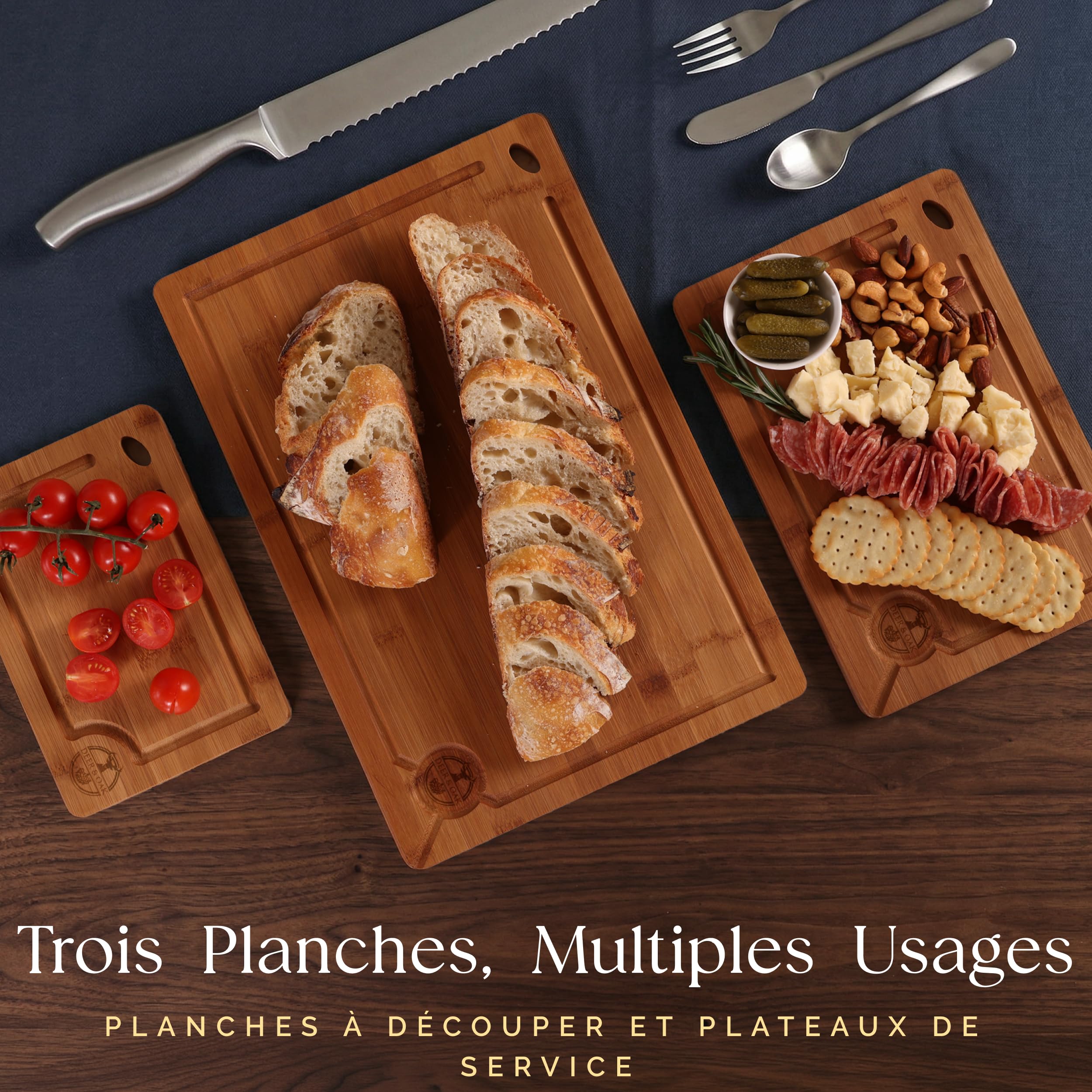 Deer & Oak Lot de 3 Planches à Découper Bambou Carbonisé Pré-huilées | Trou de suspension · Technologie 260 °C · Aussi pour le service de charcuterie