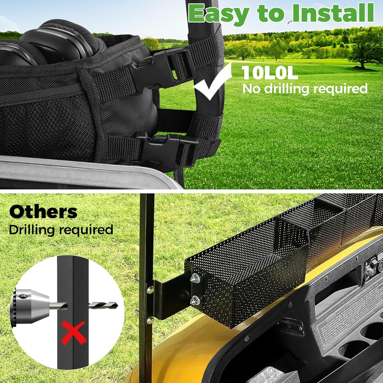 10L0L Universal Golf Cart Basket, No-Drilling Front Inner Dash Organizer for Yamaha, EZGO & Club Car, Heavy-Duty 1680D Oxford Fabric Dash Tray with Reinforced PE Support Frame