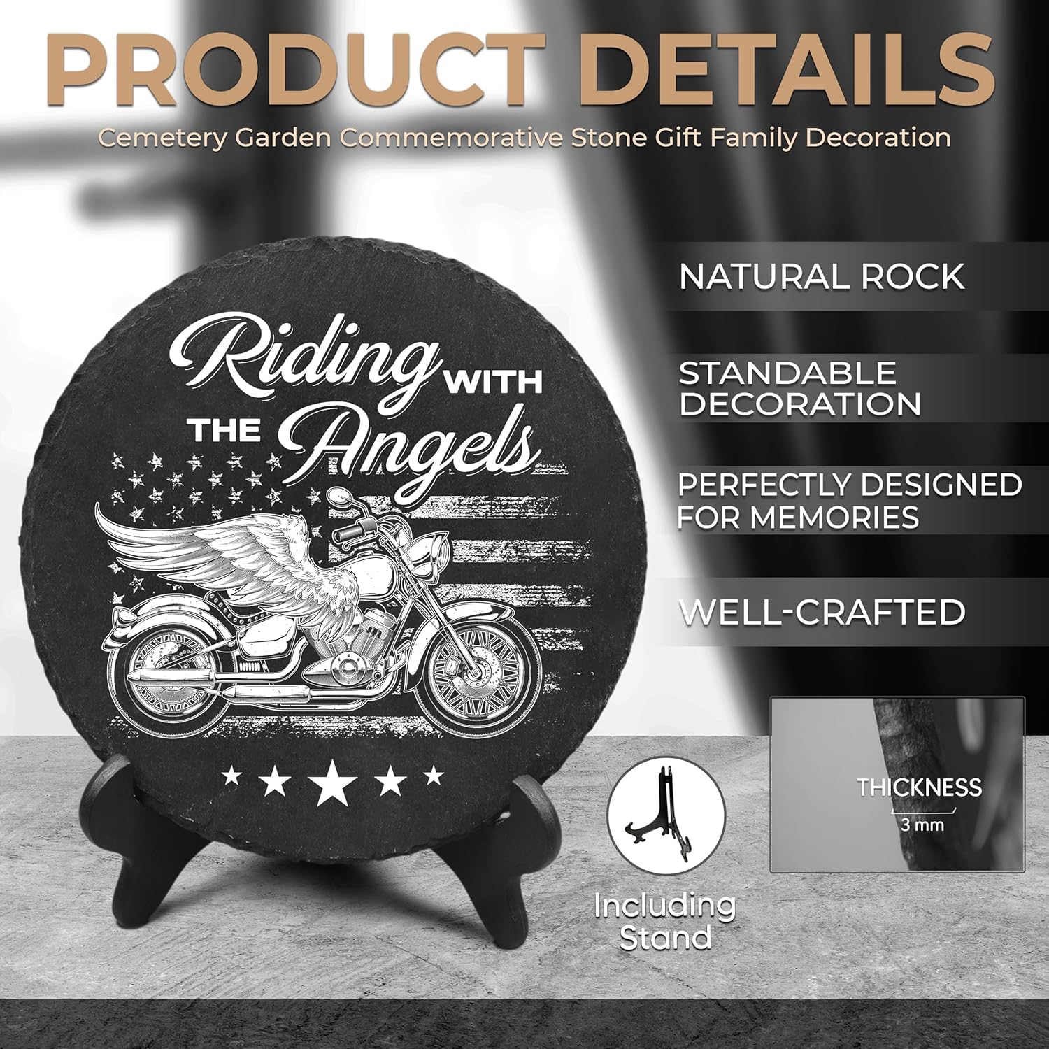 Motorcycle Memorial Stone, Riding with Angels, Sympathy Gift Motorcycle Wings Stone for Loss of Biker, Grandpa, Father, Uncle on Christmas