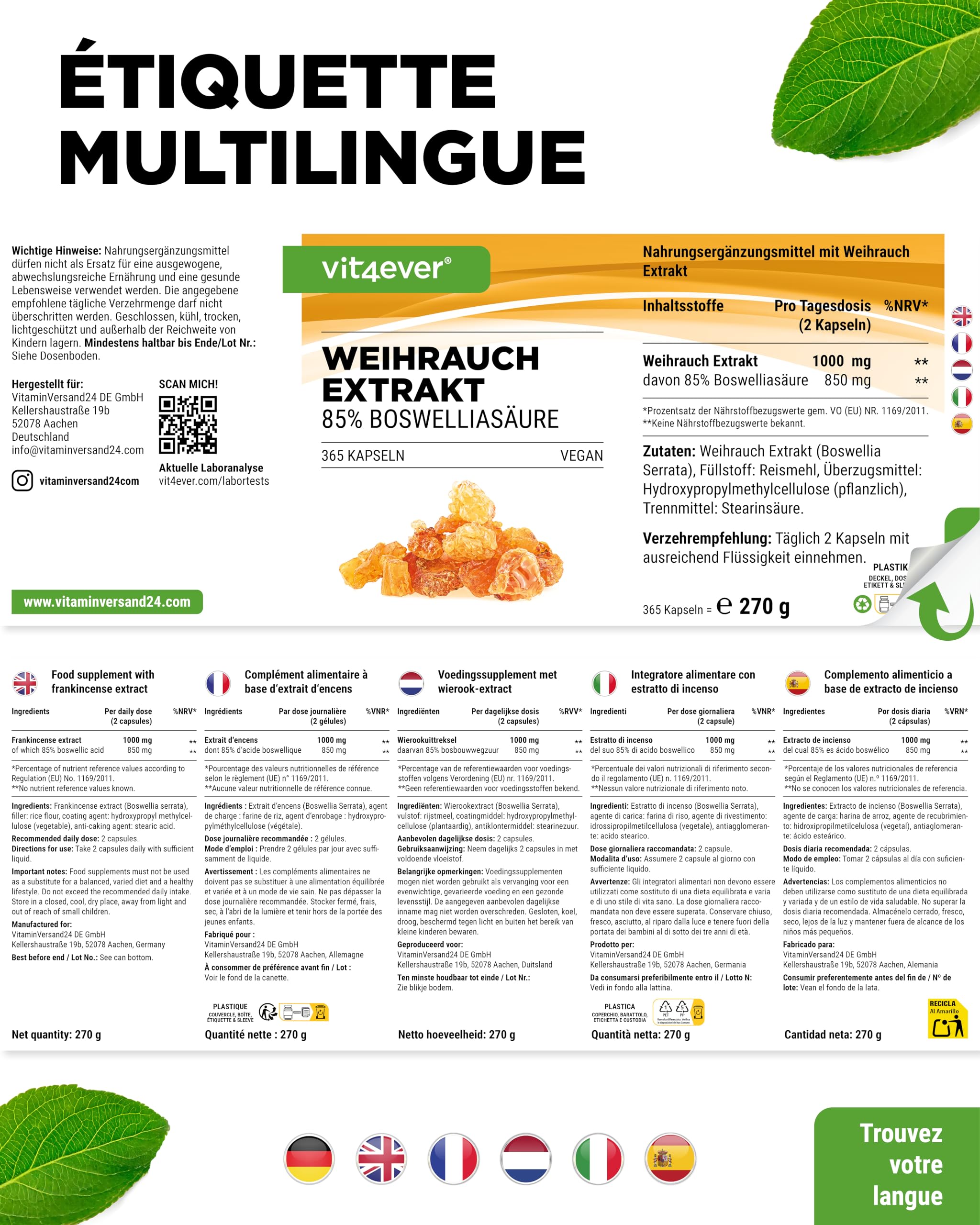 Extrait d'encens - 365 gélules - Premium : 85% d'acide boswellique - Hautement dosé à 1000 mg par dose journalière - Véritable Boswellia Serrata indien - Vegan