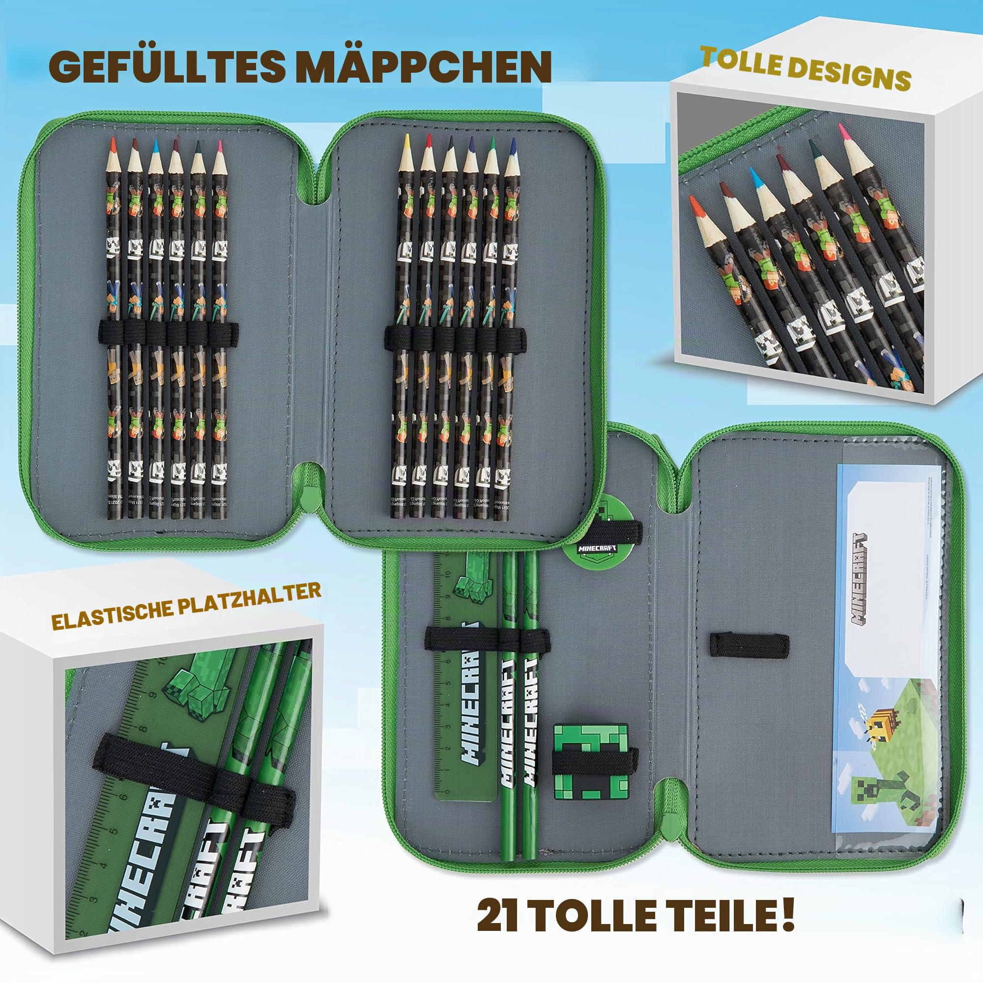 Minecraft Federmäppchen Jungen und Mädchen Mäppchen Gefüllt Creeper Federmappe mit Schreibwaren Gamer Geschenke für Kinder und Teenager