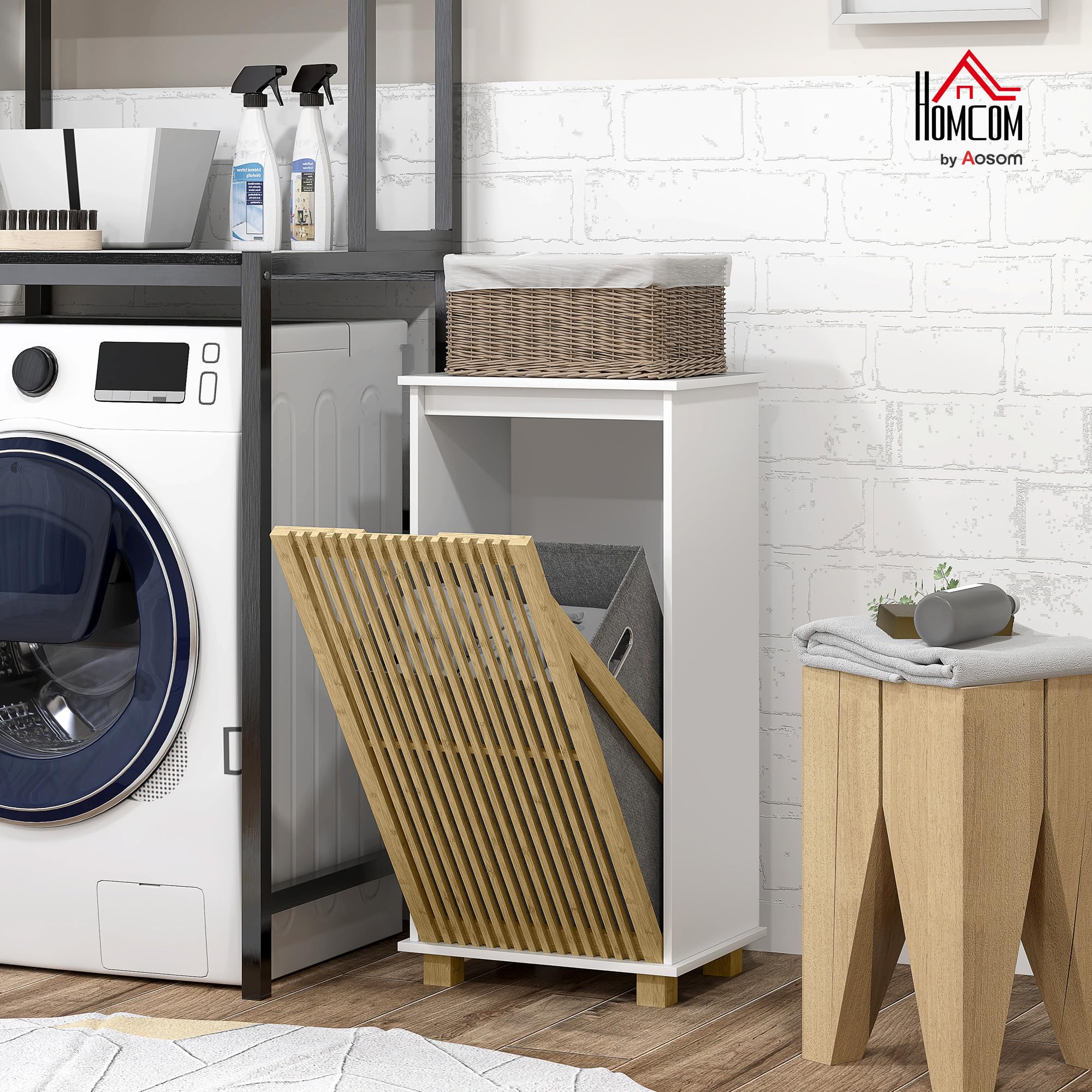 HOMCOM Meuble salle de bain 40 x 30 x 80 cm Blanc et Effet Bois Naturel | Panier À Linge, Armoire De Rangement, Porte À Lattes En Bambou, Sac Amovible