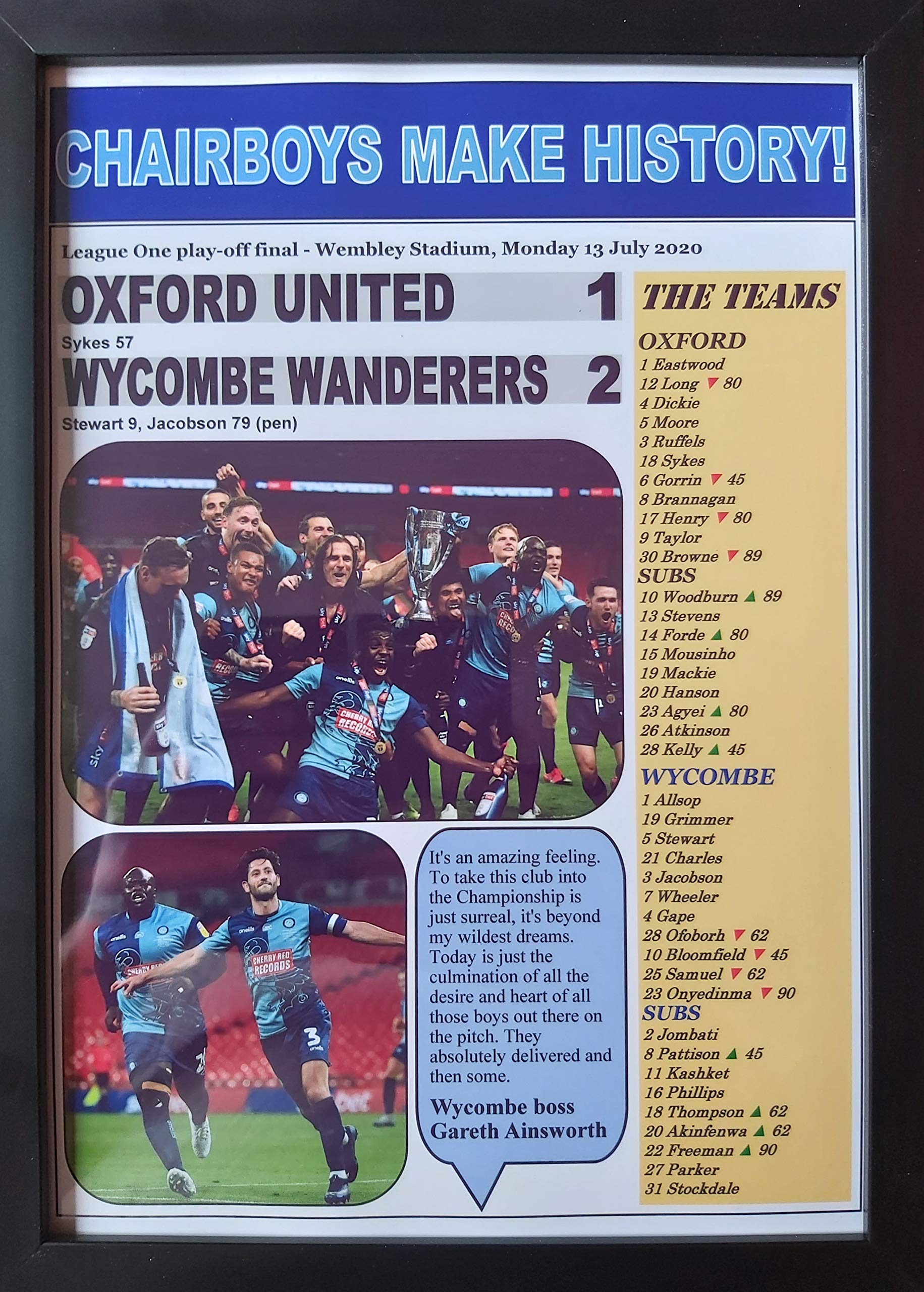 Sports Prints Uk Black Oxford United 1 Wycombe Wanderers 2-2020 League One Play-Off Final - Wycombe Promoted - Framed Print