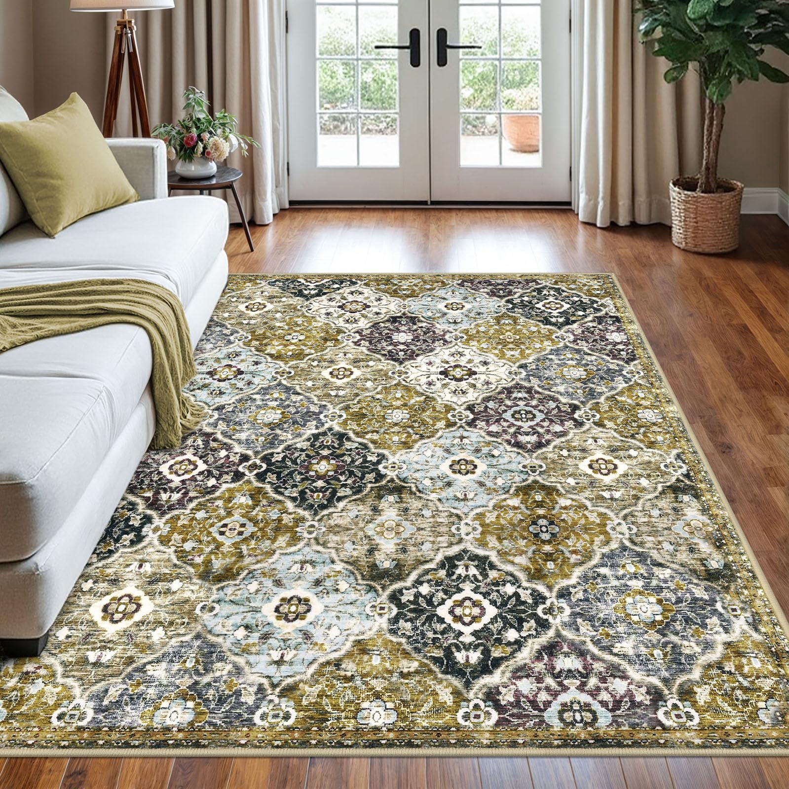 KILOCOCO 5x7 Moroccan Area Rug, Gold/Multi Super Soft Washable Living Room Vintage Rug, Non-Slip Large Print Faux Wool Throw Indoor Rug for Entryway