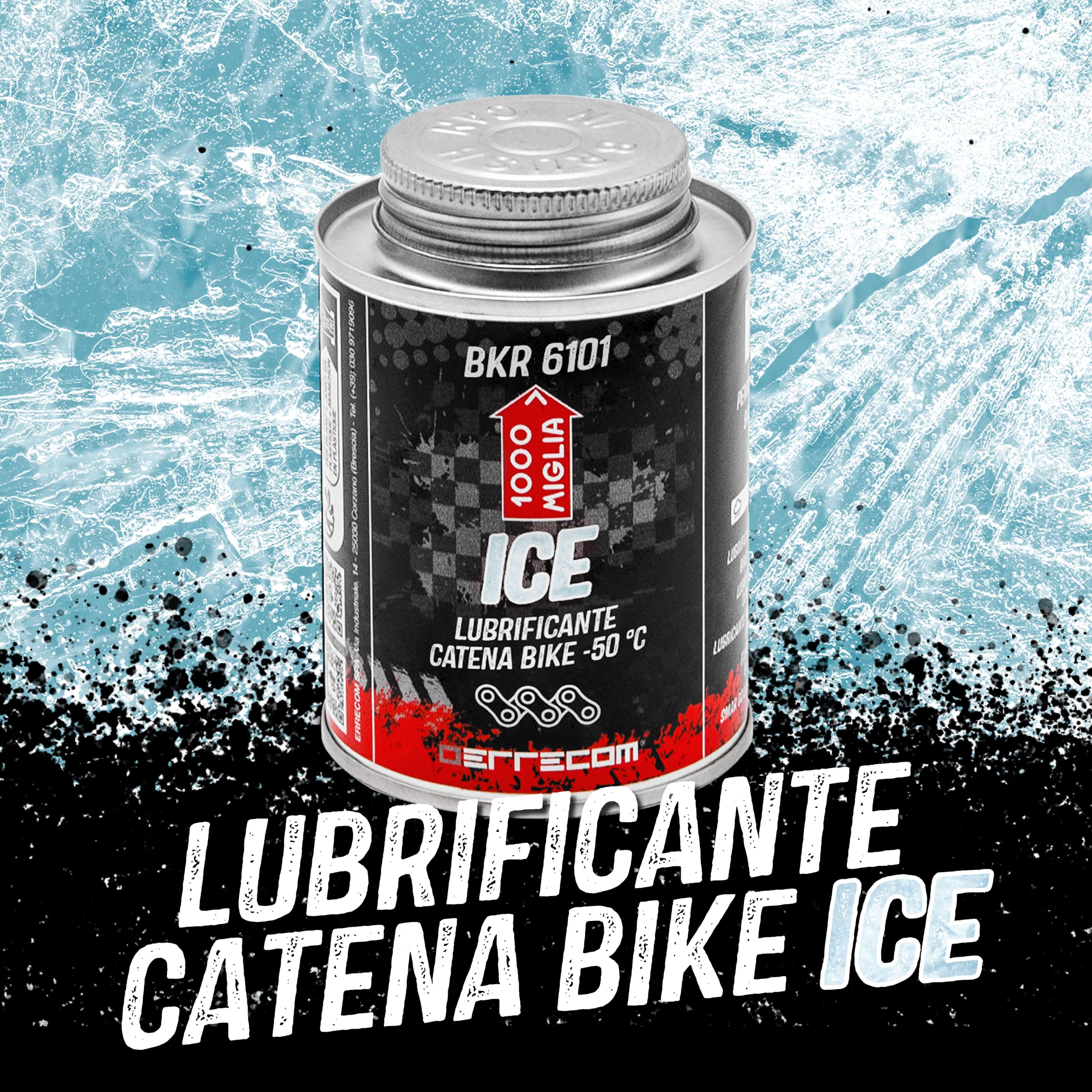 1000 Miglia BKR 6101 Lubrificante Catena Bici per utilizzo in Condizioni di Freddo Estremo fino a -50°C e Tracciati Innevati, Formula Fluorescente, Barattolo All-In-One con pennello incluso - 240 ml
