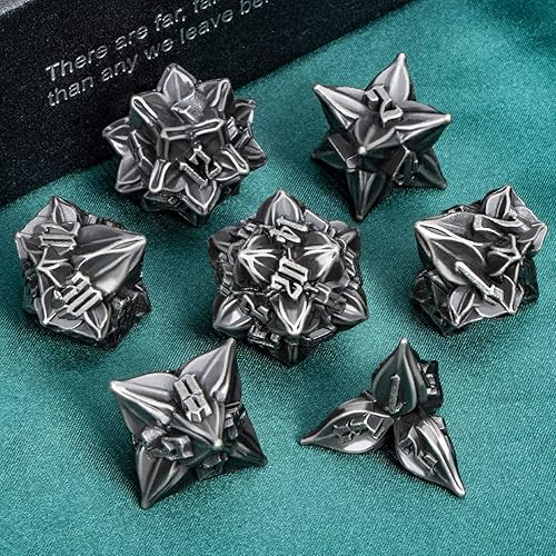 Miniatura 17 de ARUOHHA DND - Juego de dados de metal con diseño de números de hoja negra, dorados, dados poliédricos con caja, 7 dados D y D, juegos de rol D20
