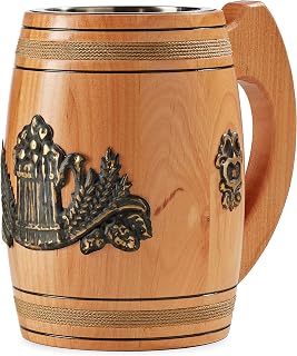 Taza de cerveza de madera hecha a mano de roble real de 0,5 L / 0,88 pintas, capacidad de color marrón claro, estilo jarrón, tazas de cerveza medieval, regalo para él, única vikinga, taza rústica