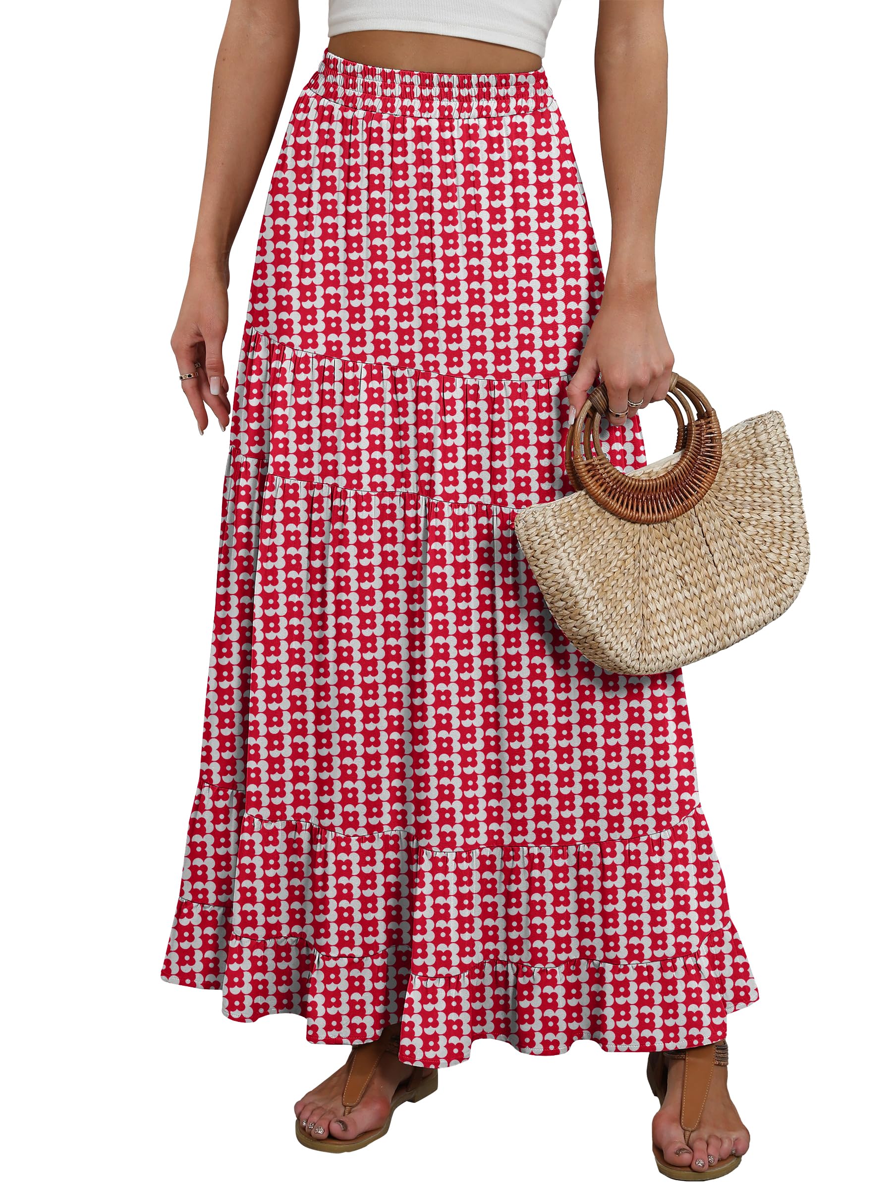 anrabess Women’s Boho Elastic High Waist Pleated A-Line Flowy Swing Asymmetric Tiered Maxi Long Skirt Dress with Pockets-picture-54