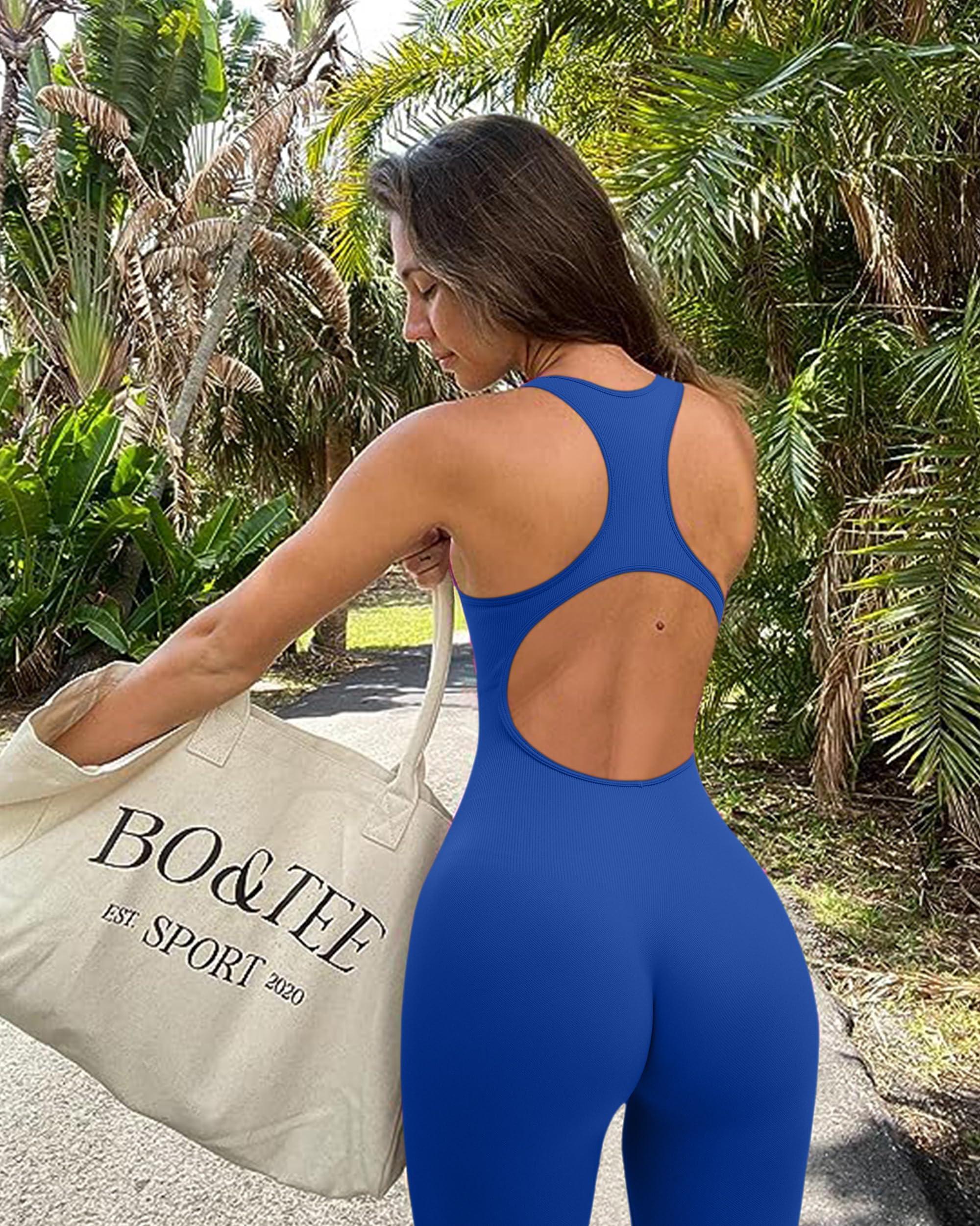 RXRXCOCO Tuta da donna a coste, senza maniche, lunga e aderente, senza schiena, imbottita, per lo sport, lo yoga