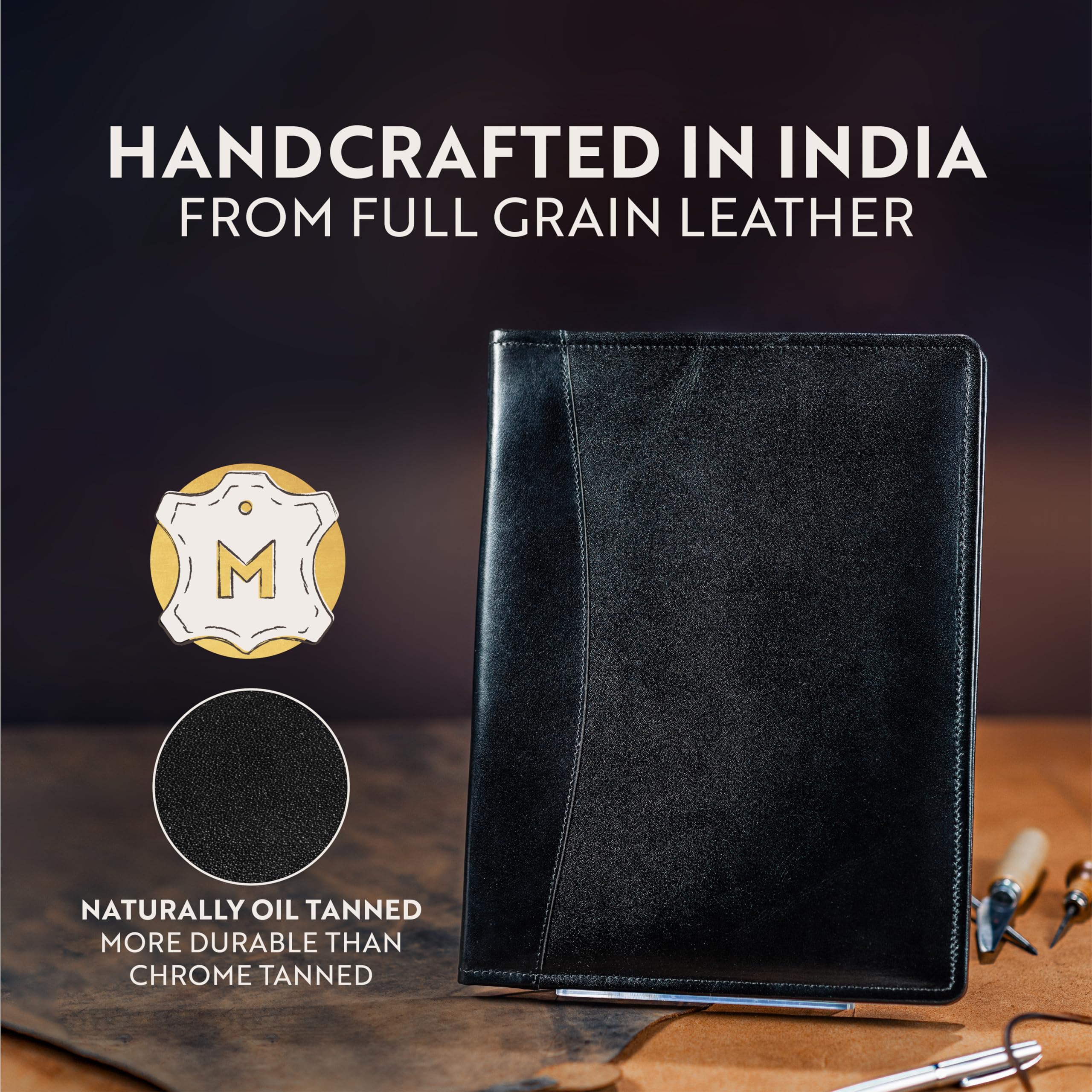 Leather Portfolio Professional Organizer Padfolio – Resume Folder with Luxury Pen, Stylish Document Folio for Letter Size Writing Pad w/ Business Card Holder, Gift Portfolios for Men MOONSTER