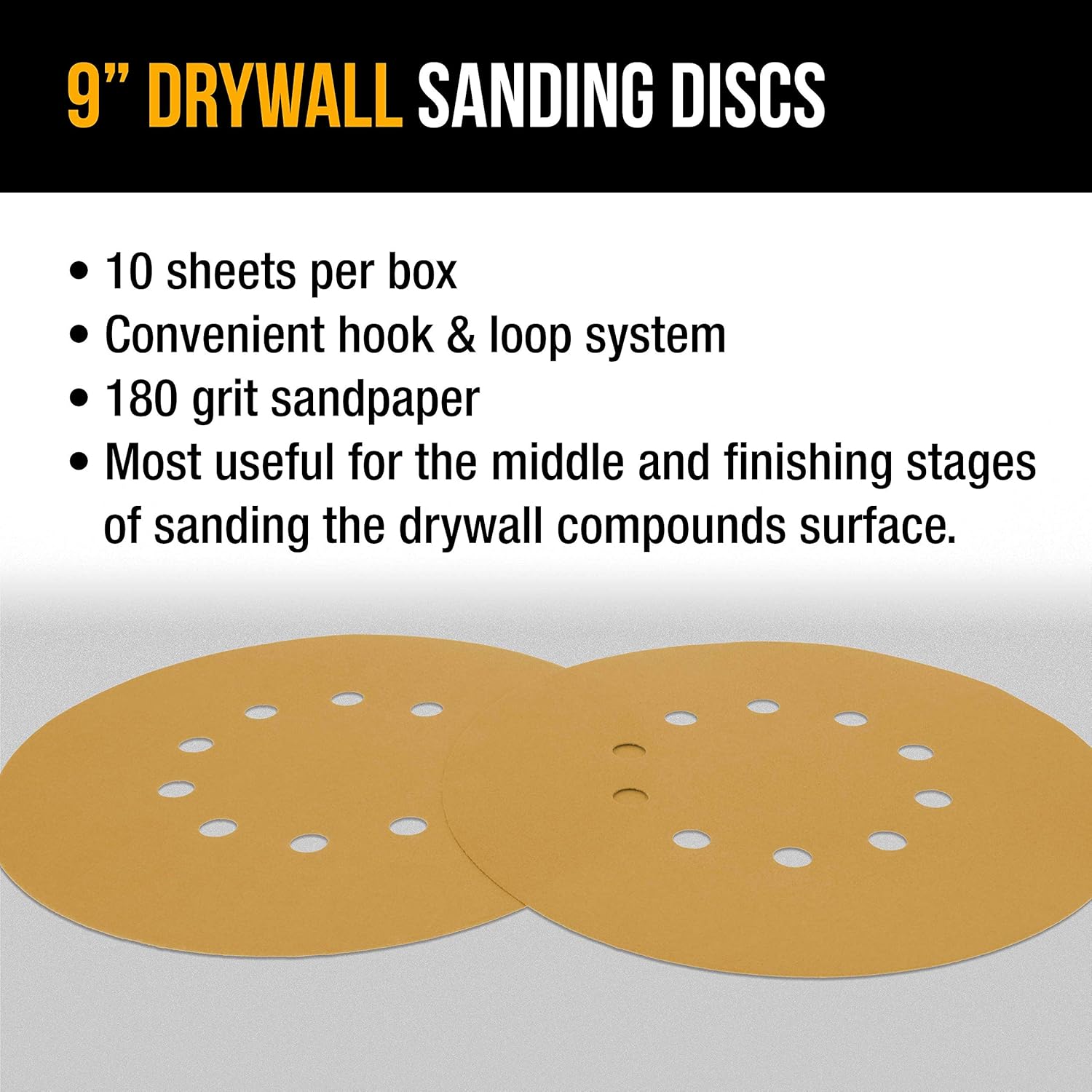 Dura-Gold Premium 9" Drywall Sanding Discs - 180 Grit (Box of 10) - 10 Hole Pattern Sandpaper Discs with Hook & Loop Backing, Fast Cutting Aluminum Oxide Abrasive - For Drywall Power Sander, Sand Wood - - 