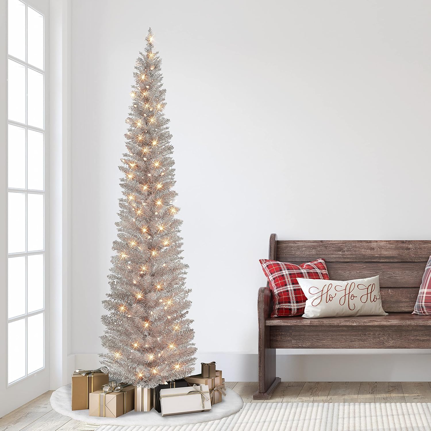 Puleo International 7 ft Pre-Lit Rose Gold Tinsel Artificial Tree 316 Tips 150 Clear Lights