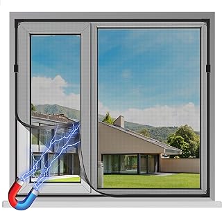 Magnetic Window Screen, Adjustable DIY 47x51in Window Screen Replacement, Black Frame Black Fiberglass Mesh, No Drilling Easy Cut-to-Fit for Sliding/Swing/Top-Hung, Fits Wood/Iron/PVC Frames