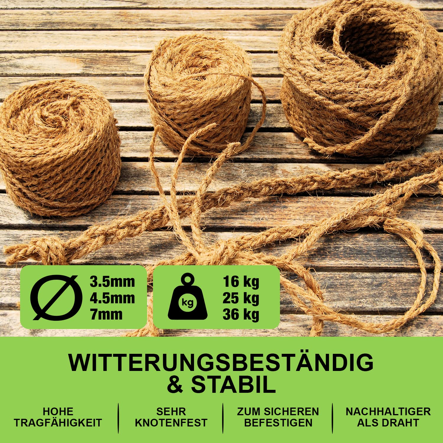Kokosseil Bundle – 3x 7mm und 1x 4,5mm x 50m Kokosstrick für Bäume Kokosfaserschnur Baumbinder Kokosseil für Bäume unbehandeltes Kokosband Gräser zusammenbinden