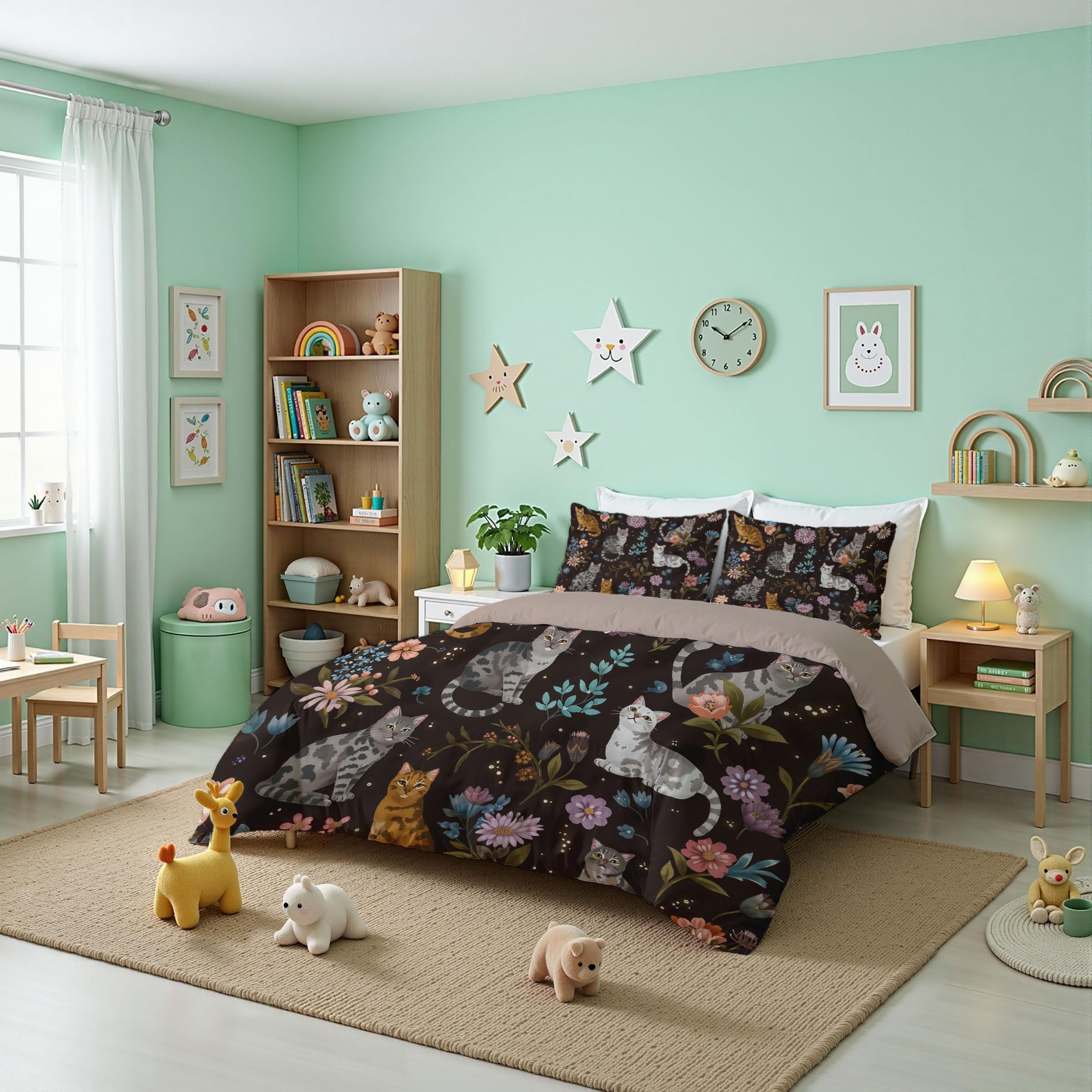Housse de Couette Chat et Fleurs Sauvages 220x240 cm avec 2 Taies d'Oreiller