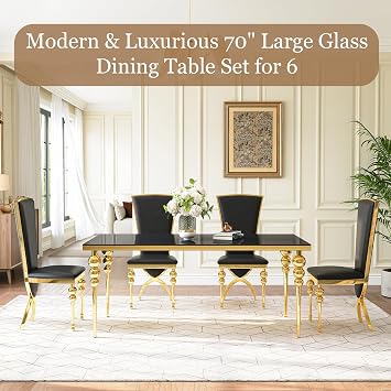 Glass Dining Table Set for 6, Luxurious 70 Inch Rectangular Glass Kitchen Table with 6 Black High Back Leather Chairs, for Dining Room, Restaurant, Living Room (Black Top)