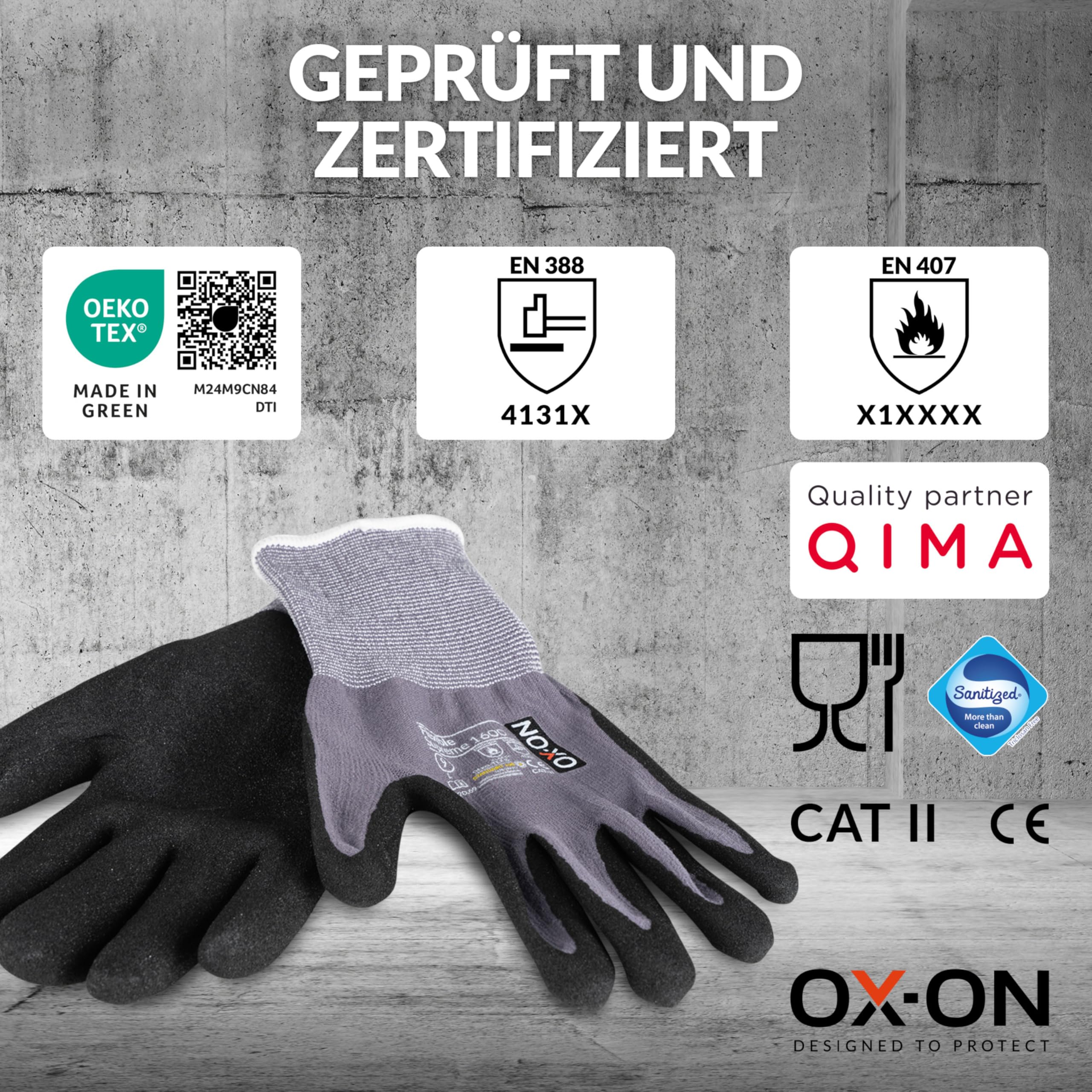 OX-ON FLEXIBLE SUPREME 1600 Arbeitshandschuhe Gr.13 I 12 Paar atmungsaktive Schutzhandschuhe mit Nitrilbeschichtung I Graue Mechanikerhandschuhe mit hohem Tastgefühl & Grip I EN Zertifizierung