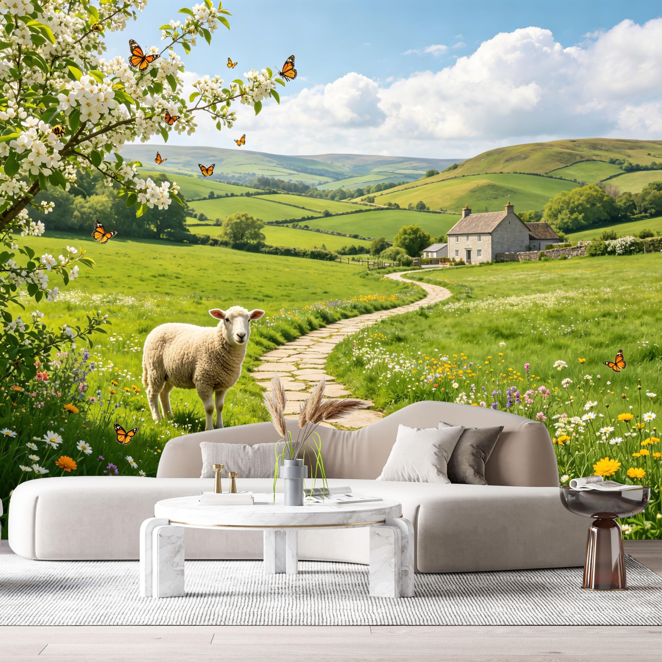 Custom Size Wall Murals Farmhouse Landscape White Flowers Butterfly Sheep Stone Path SelfAdhesive Wall Fabric Removable Large Wallpaper for Photo Living Room