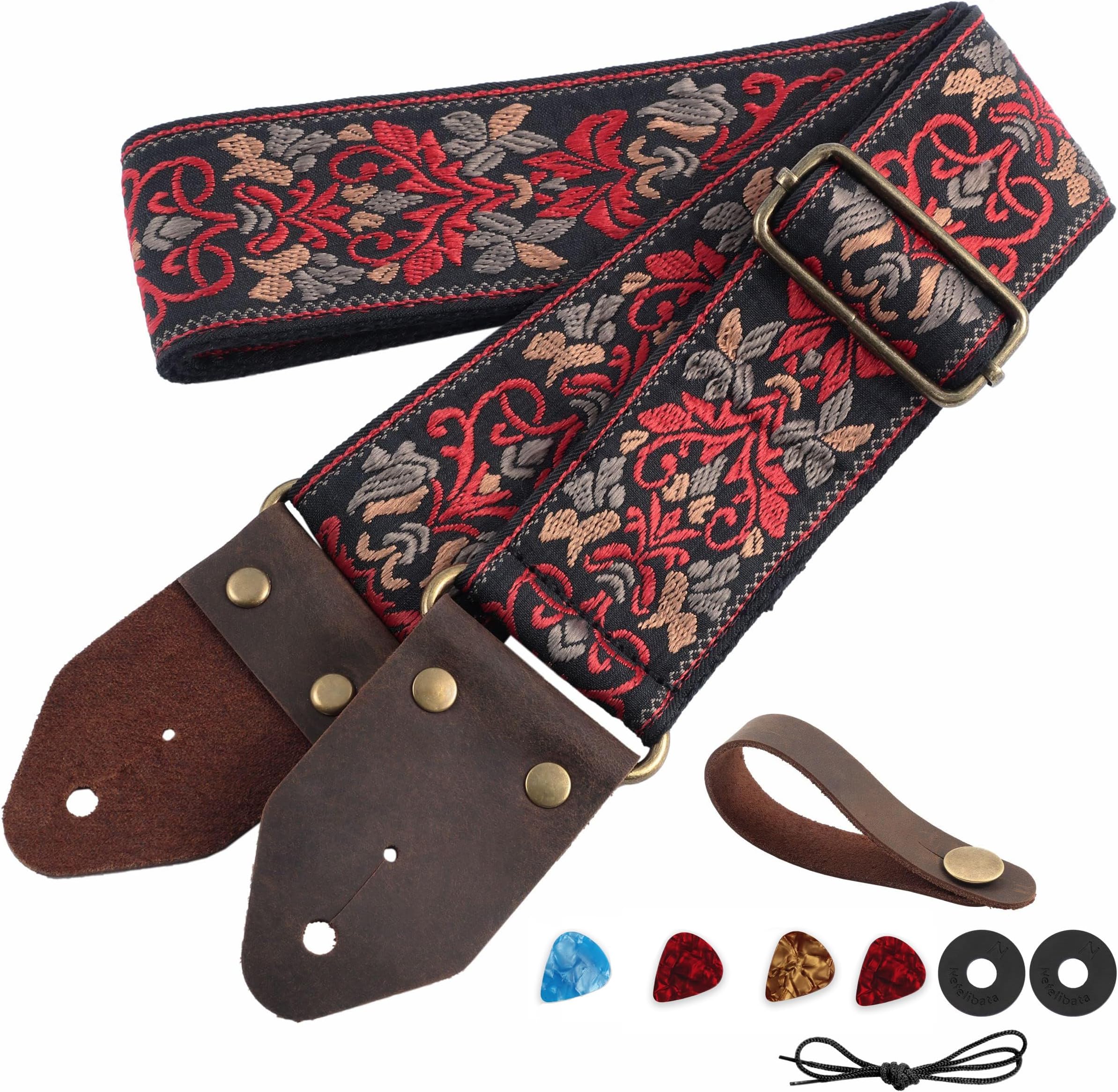 MAKINGTEC Guitar Strap, Jacquard Embroidery Cotton Guitar Straps with Crazy Horse Leather Leather Ends for Bass, Electric & Acoustic, Best Gifts for Kids, Guitarists(Retro Red Flower)