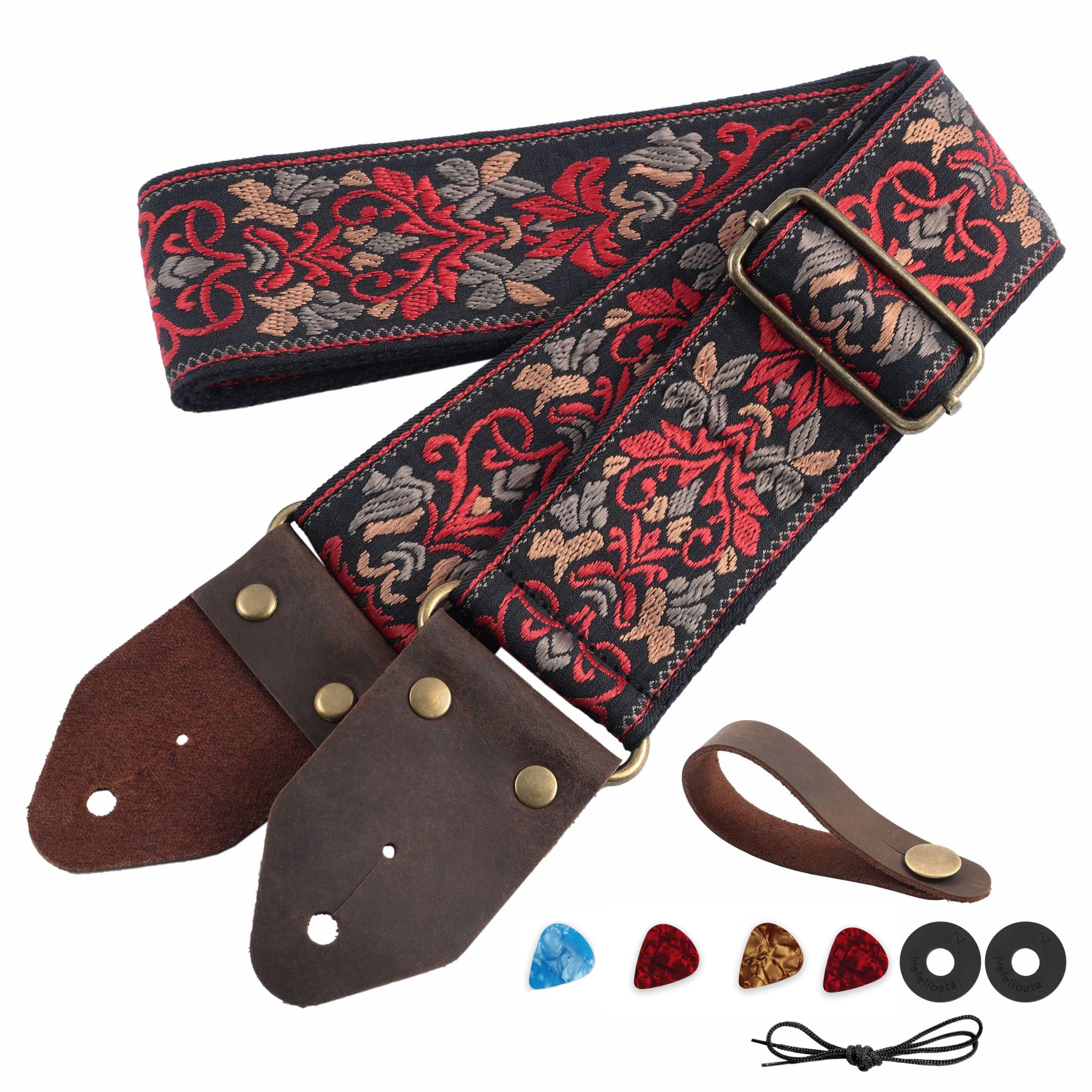 Guitar Strap, Jacquard Embroidery Cotton Guitar Straps with Crazy Horse Leather Leather Ends for Bass, Electric & Acoustic, Best Gifts for Kids, Guitarists(Retro Red Flower)