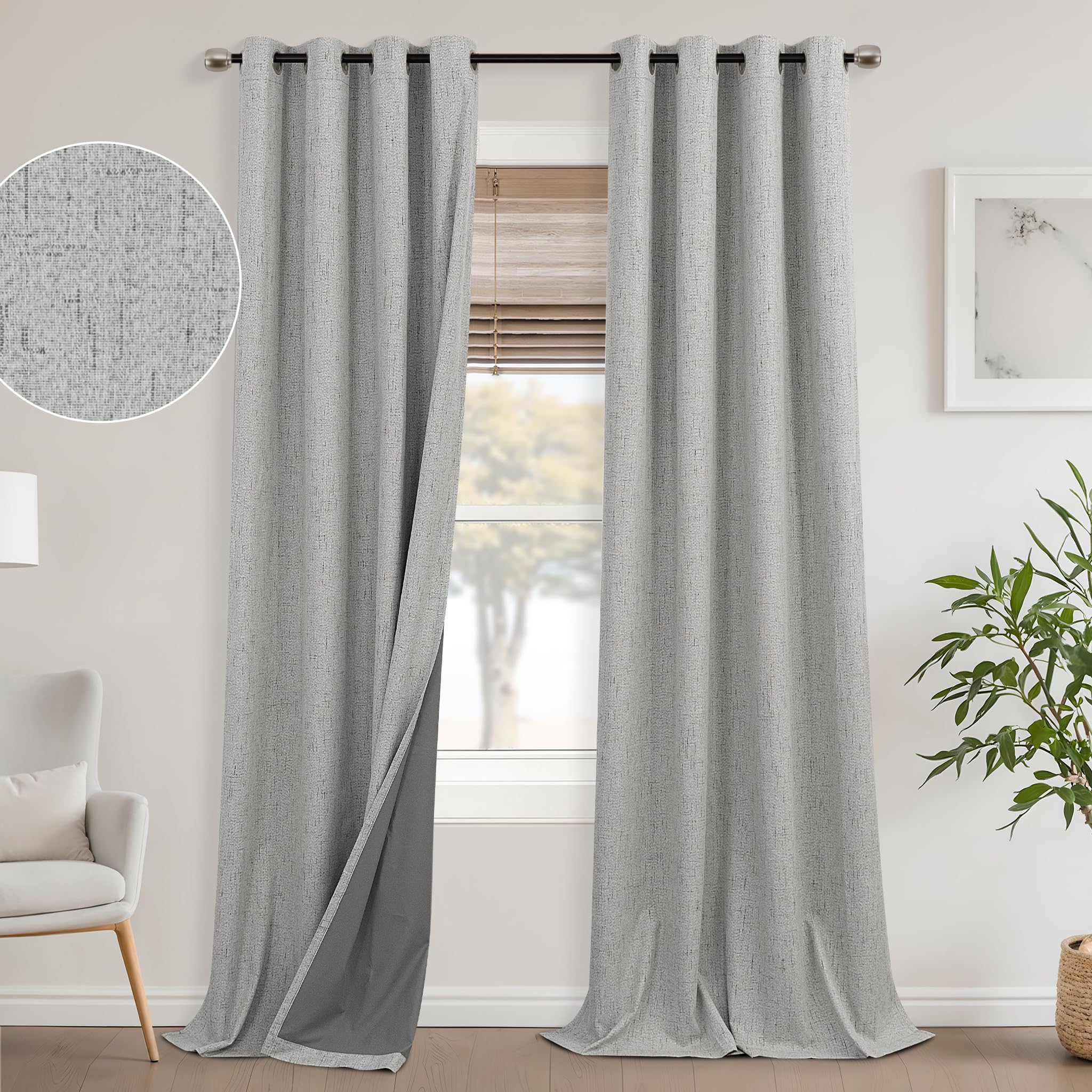 Mrs.Naturall Light Grey Grommet Linen Blackout Curtains for Living Room 52 by 96 Inch Length