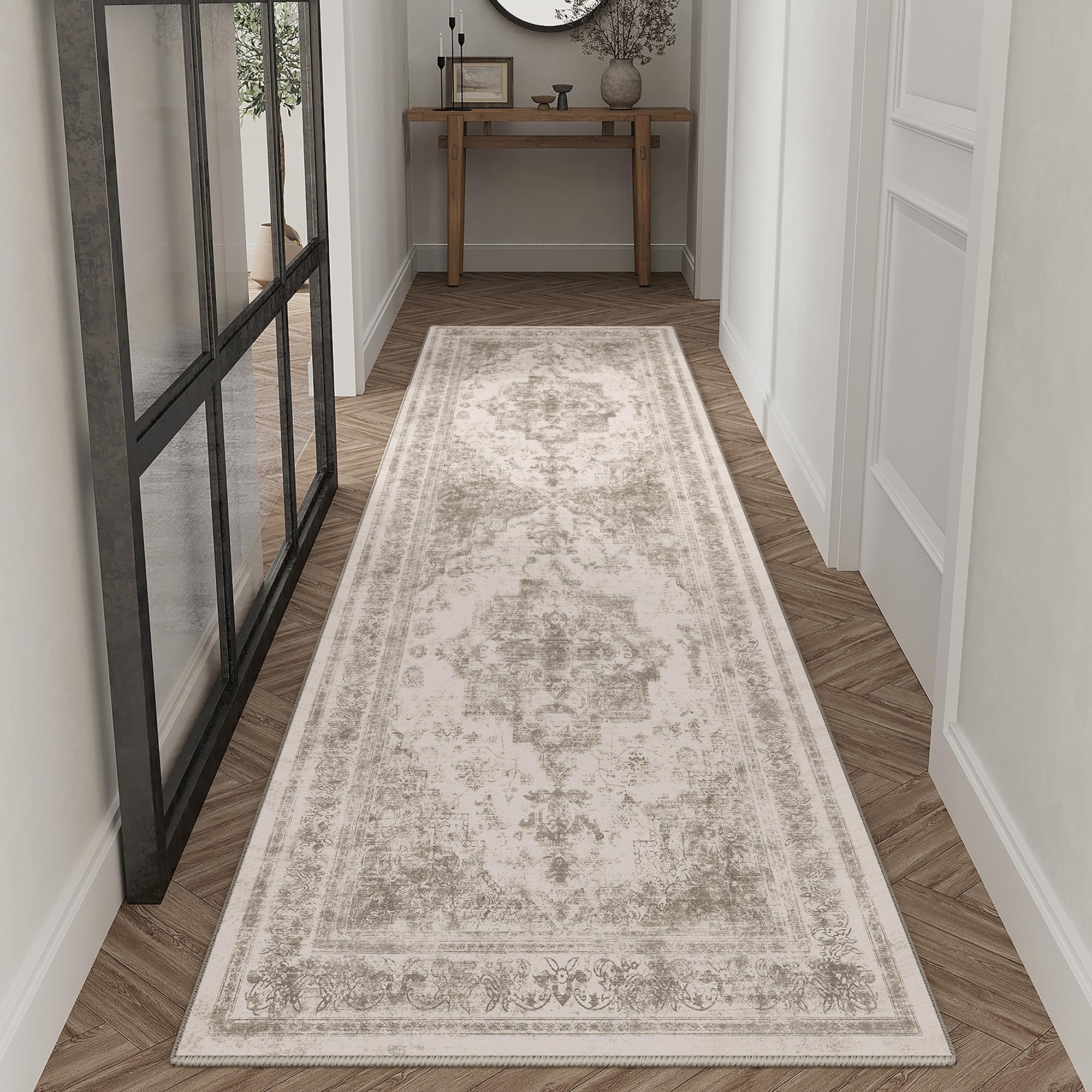 HUGEAR Vintage Passatoia Tappeto Corridoio Beige Tappeti 60x240cm Cucina Antiscivolo Lavabile in Lavatrice Tapette Camera da Letto Scendiletto Cameretta Ufficio Pelo Corto Lungo Carpet