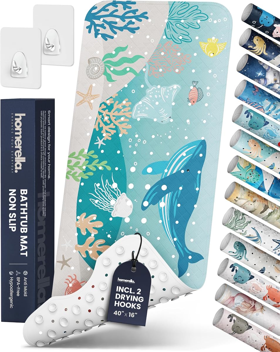 homerella Alfombrilla de bañera Antideslizante para niños 35x16 Alfombrilla de baño para bebés Antideslizante Antimoho | 100% libre de BPA, no tóxico, resistente al moho, lavable a máquina, alfombrilla de baño extra larga para niños antideslizante, alfombrilla de baño para niños pequeños