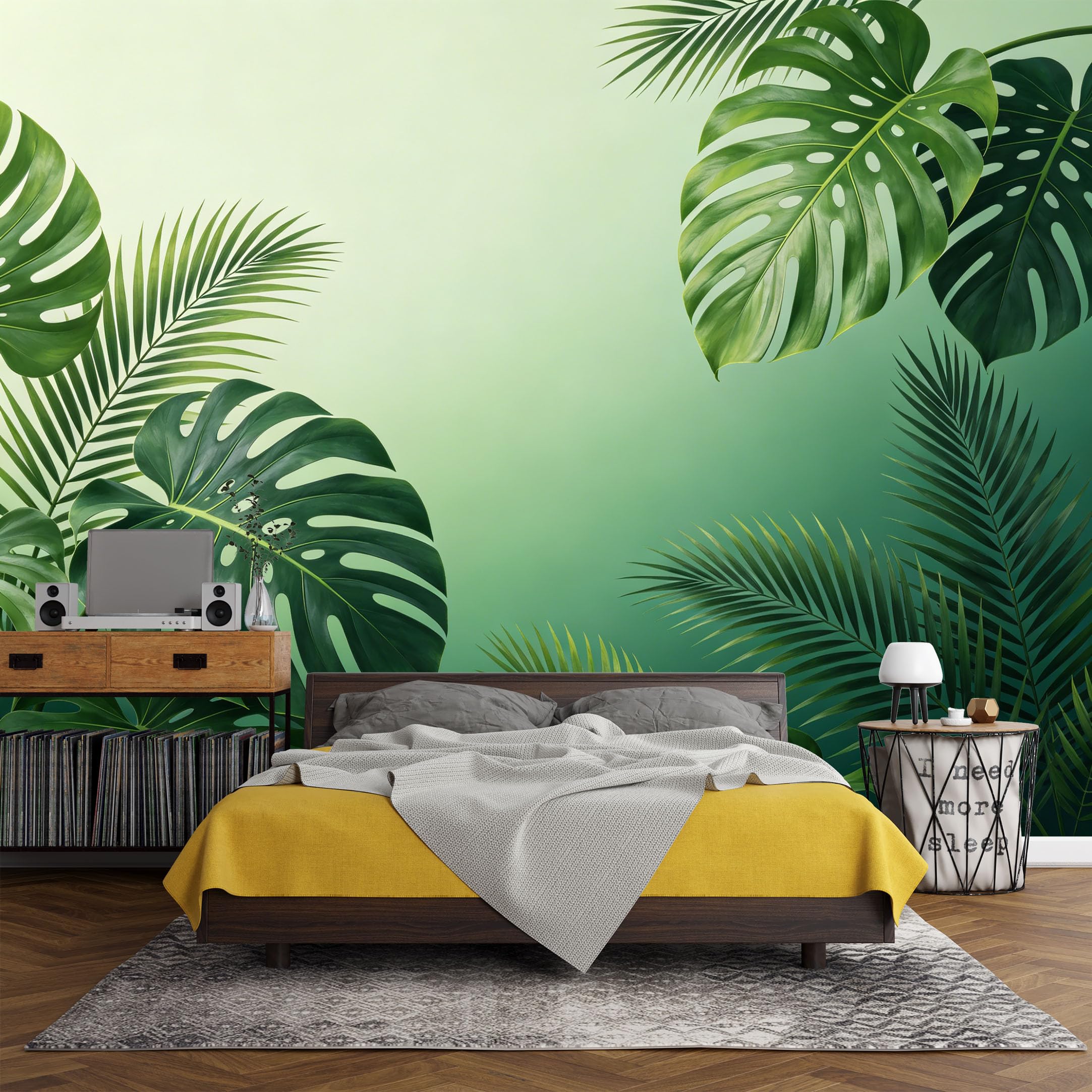 Custom Size Wall Mural， Tropical Jungle Monstera Palm Leaves Green Botanical，SelfAdhesive Art Prints wall Fabric (No PVC) Removable Wallpaper Living Room Decor