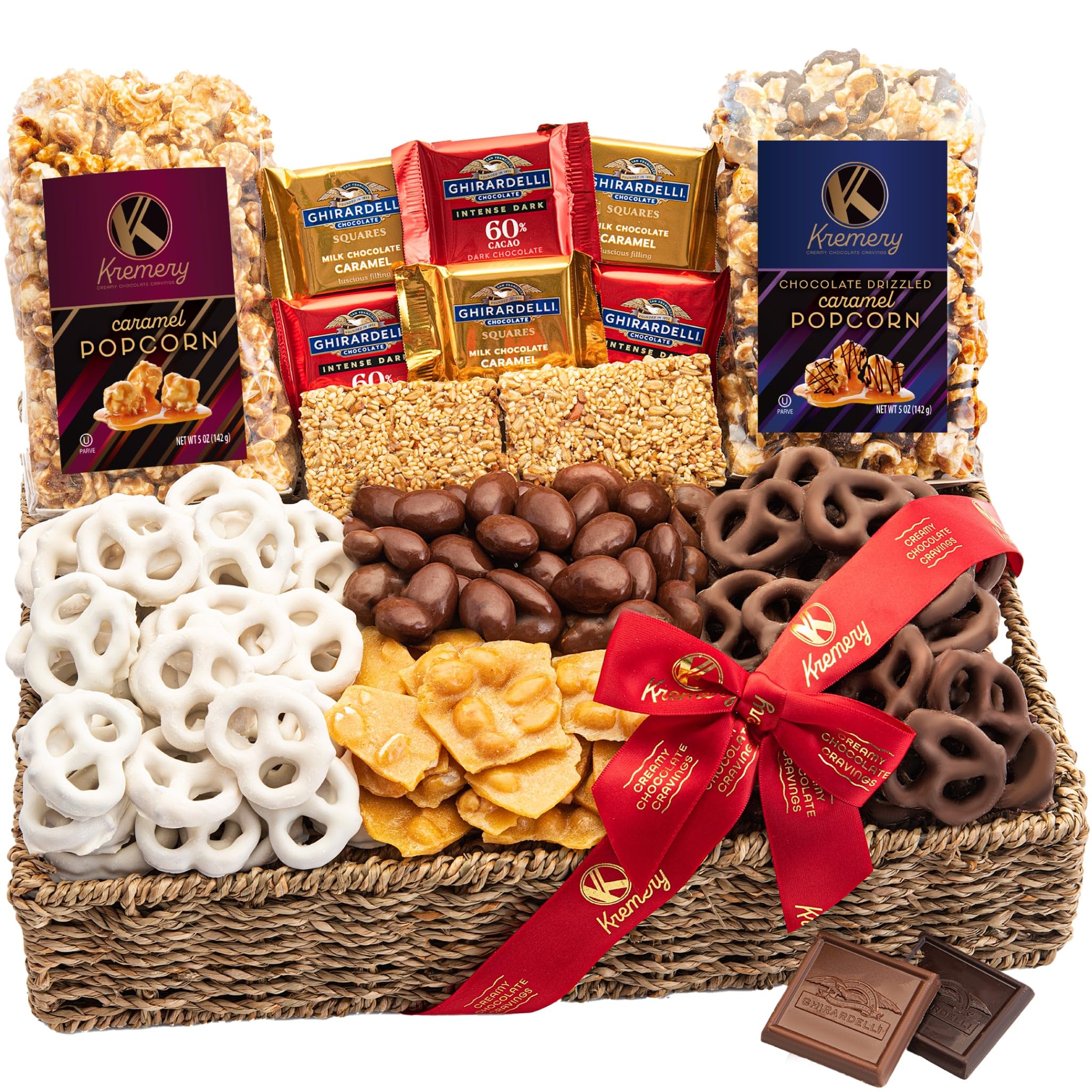 KREMERY Creamy Chocolate Cravings Valentines Day Gift Basket - Chocolate Covered Pretzels, Nuts, Candy & Caramel Popcorn (Deluxe, 3.5 lbs) Sweet Treats Arrangement in Seagrass Tray with Ribbon Kosher